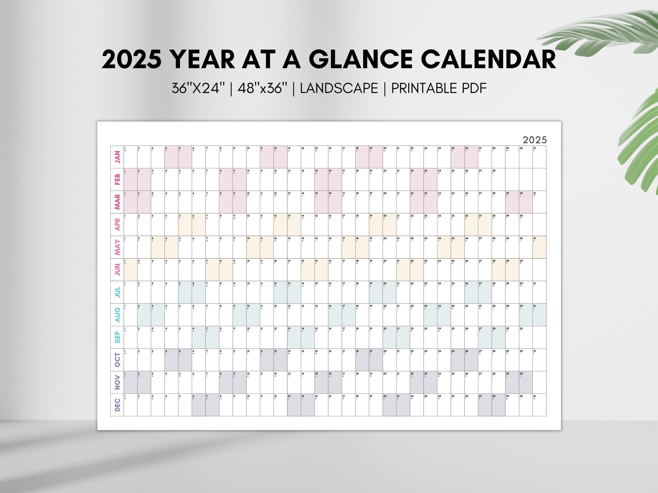 2025 Year At A Glance Calendar Large Horizontal Colorful 2025 