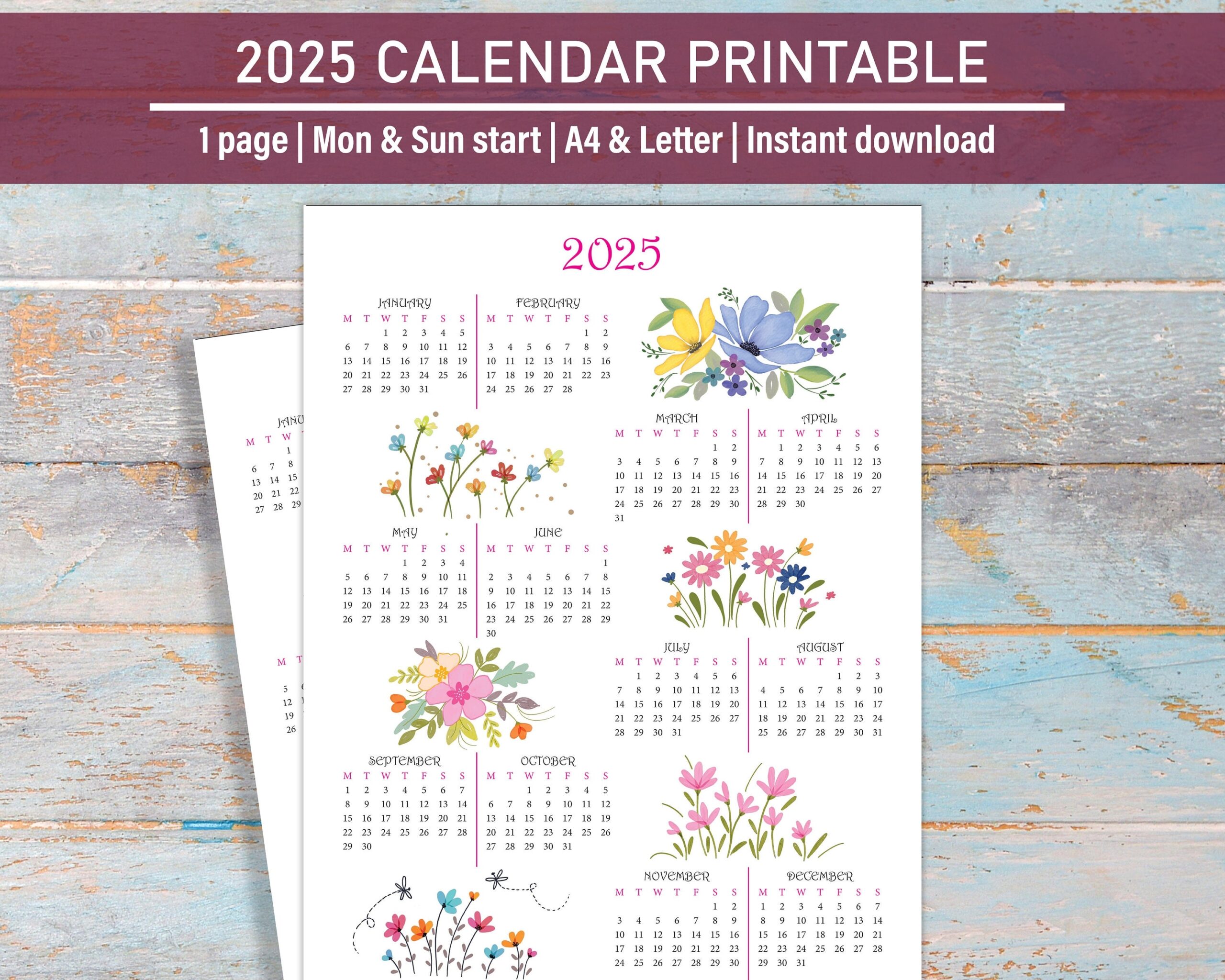 2025 Year Calendar Printable 2025 Yearly Calendar Desk Calendar 