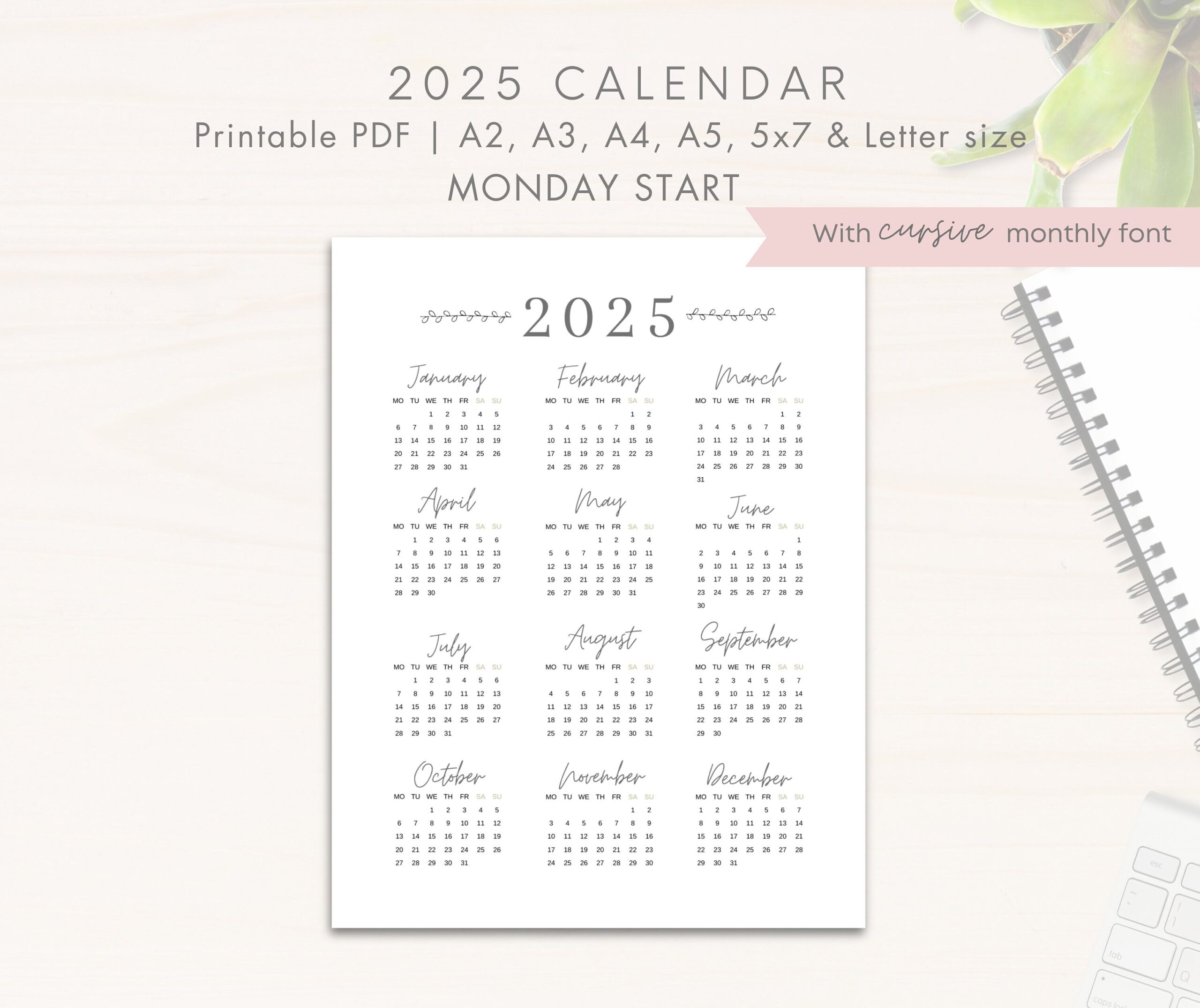 2025 Year Calendar Printable MONDAY Start Year Overview 2025 One Page Calendar Minimalist Cursive Portrait Format Digital PDF Etsy