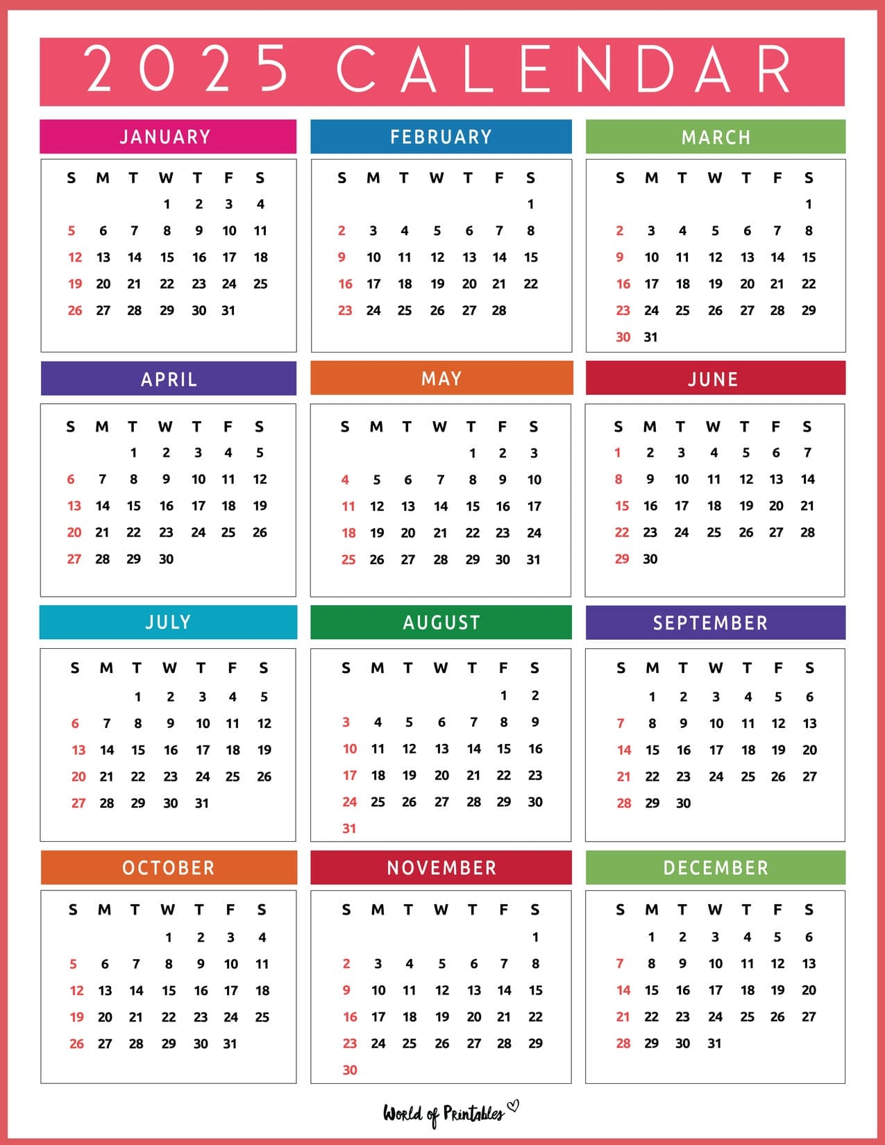 Free Printable 12 Month Large Print 2025 Calendar