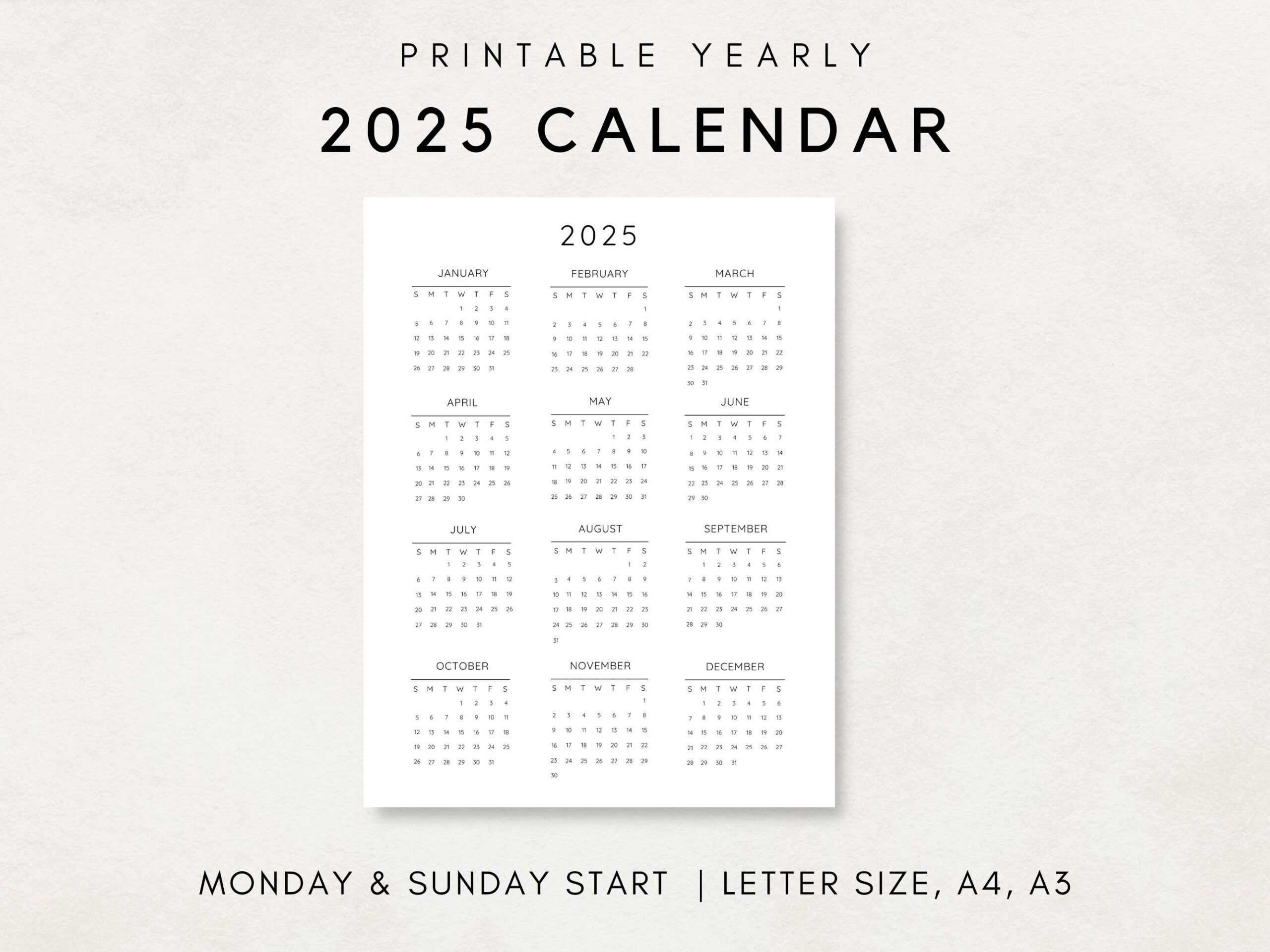 2025 Yearly Calendar Printable Calendar 2025 Calendar 2025 