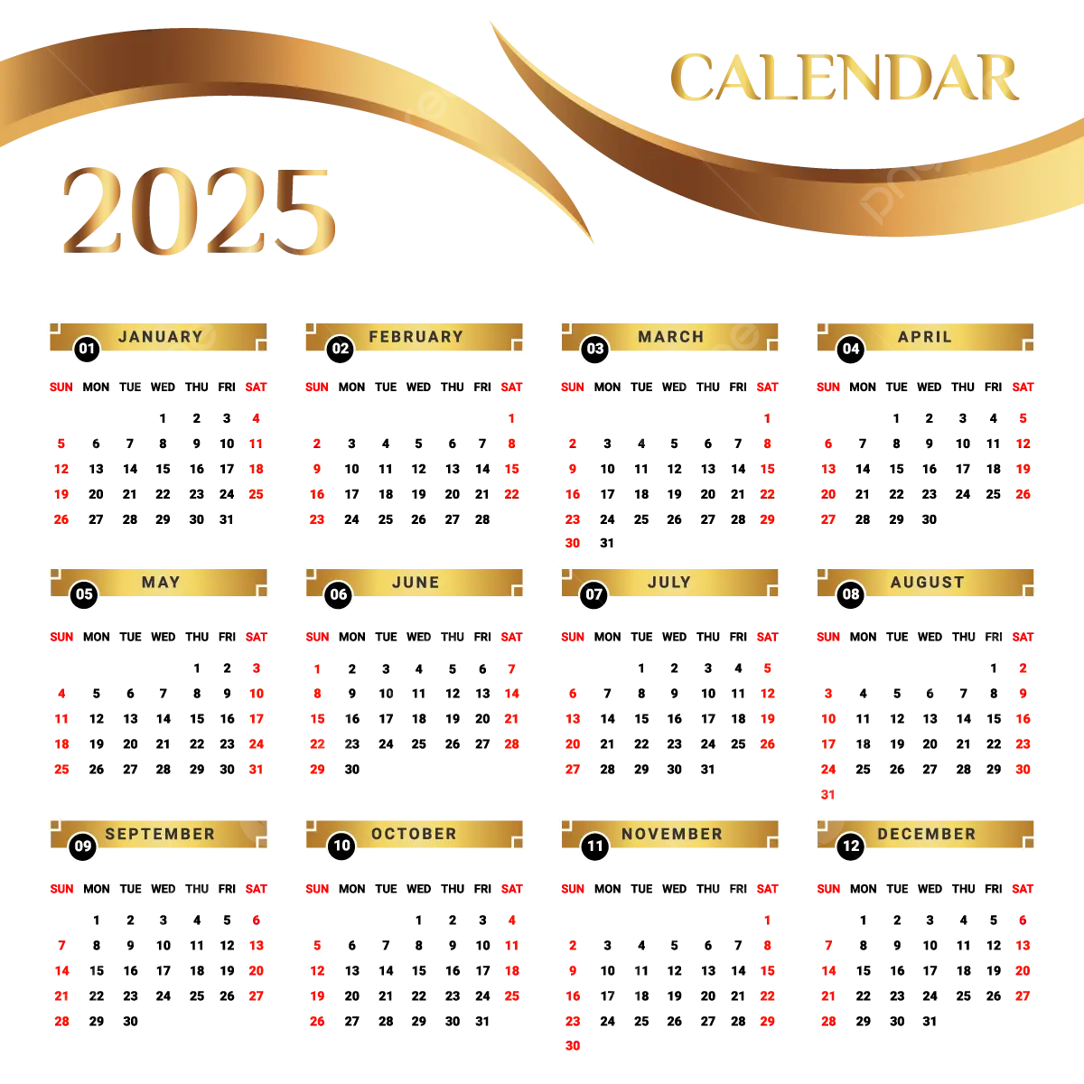 2025 Yearly Calendar With Black And Golden Vector Calendar 2025 Calendar Yearly Calendar PNG And Vector With Transparent Background For Free Download