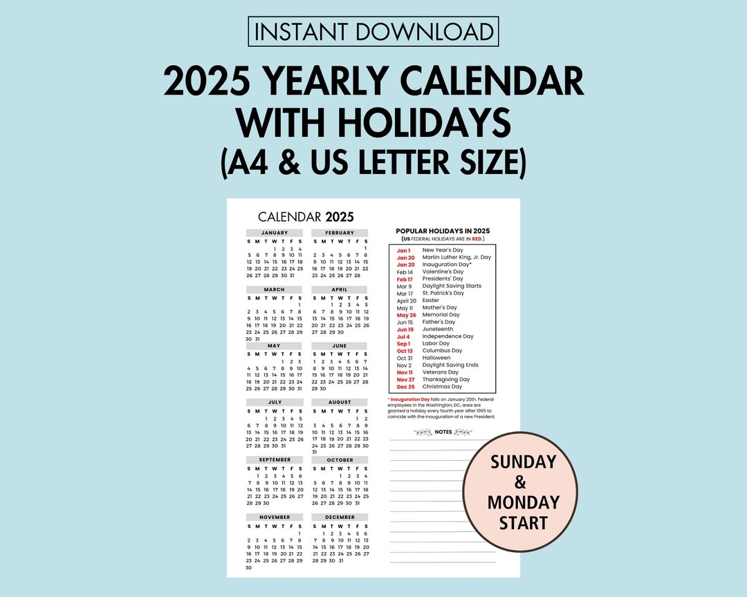 2025 Yearly Calendar With Holidays 2025 Yearly Overview Printable 2025 Year At A Glance 2025 Holiday Calendar PDF Sunday U0026 Monday Start Etsy