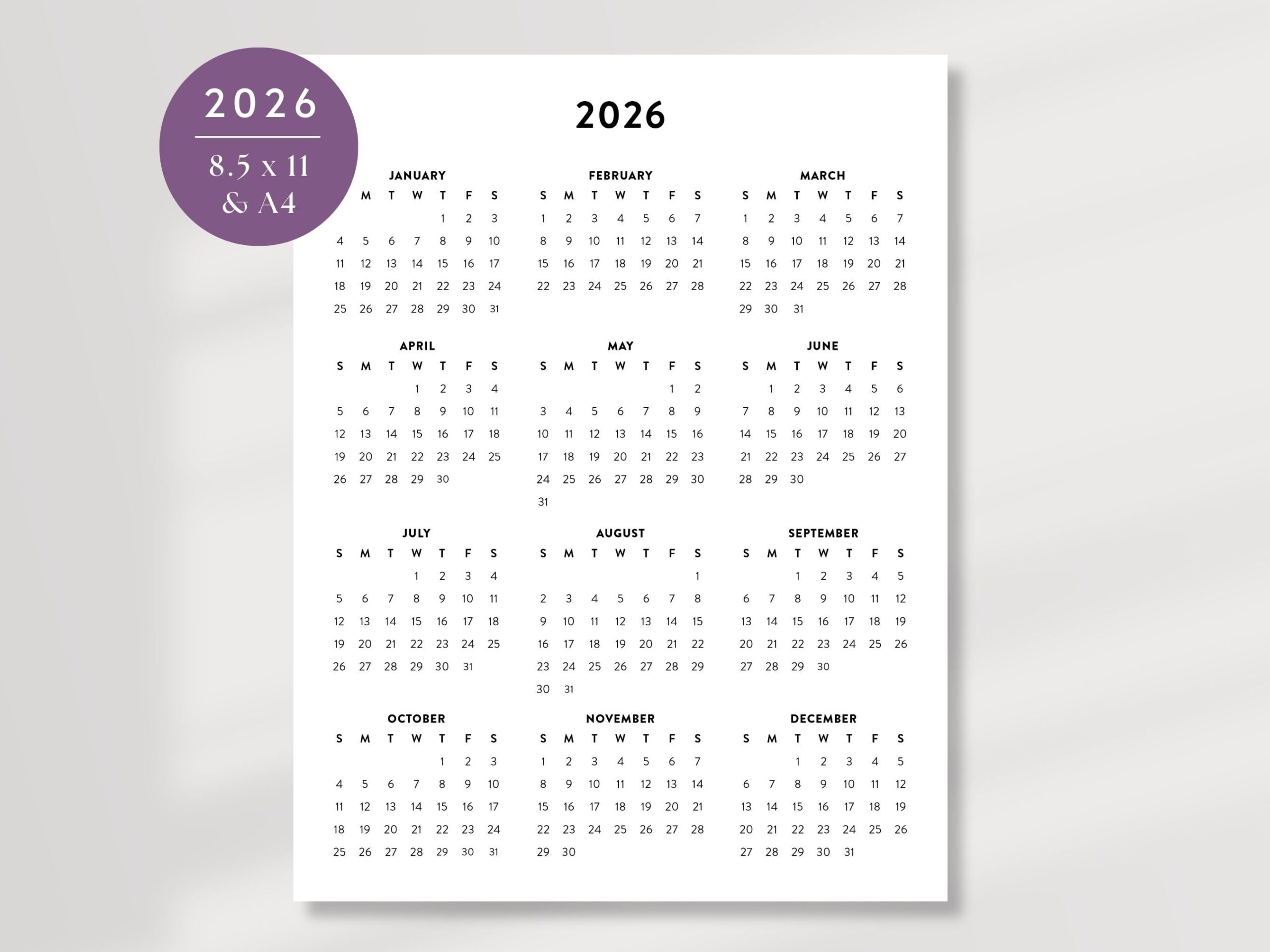 2026 Calendar Printable 2026 Planner 2026 Desk Calendar Letter 
