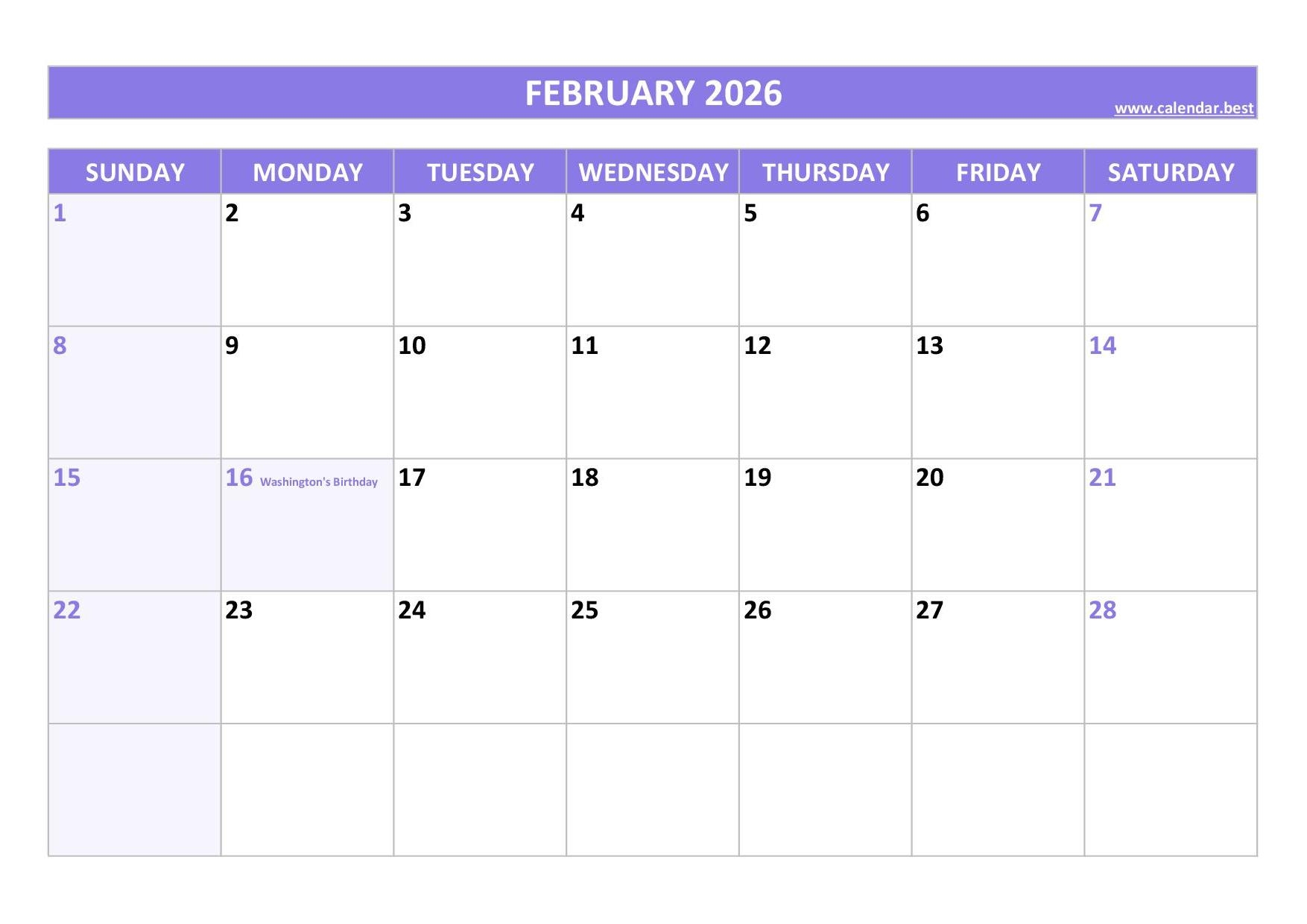 Free Printable Blank February 2026 Calendar