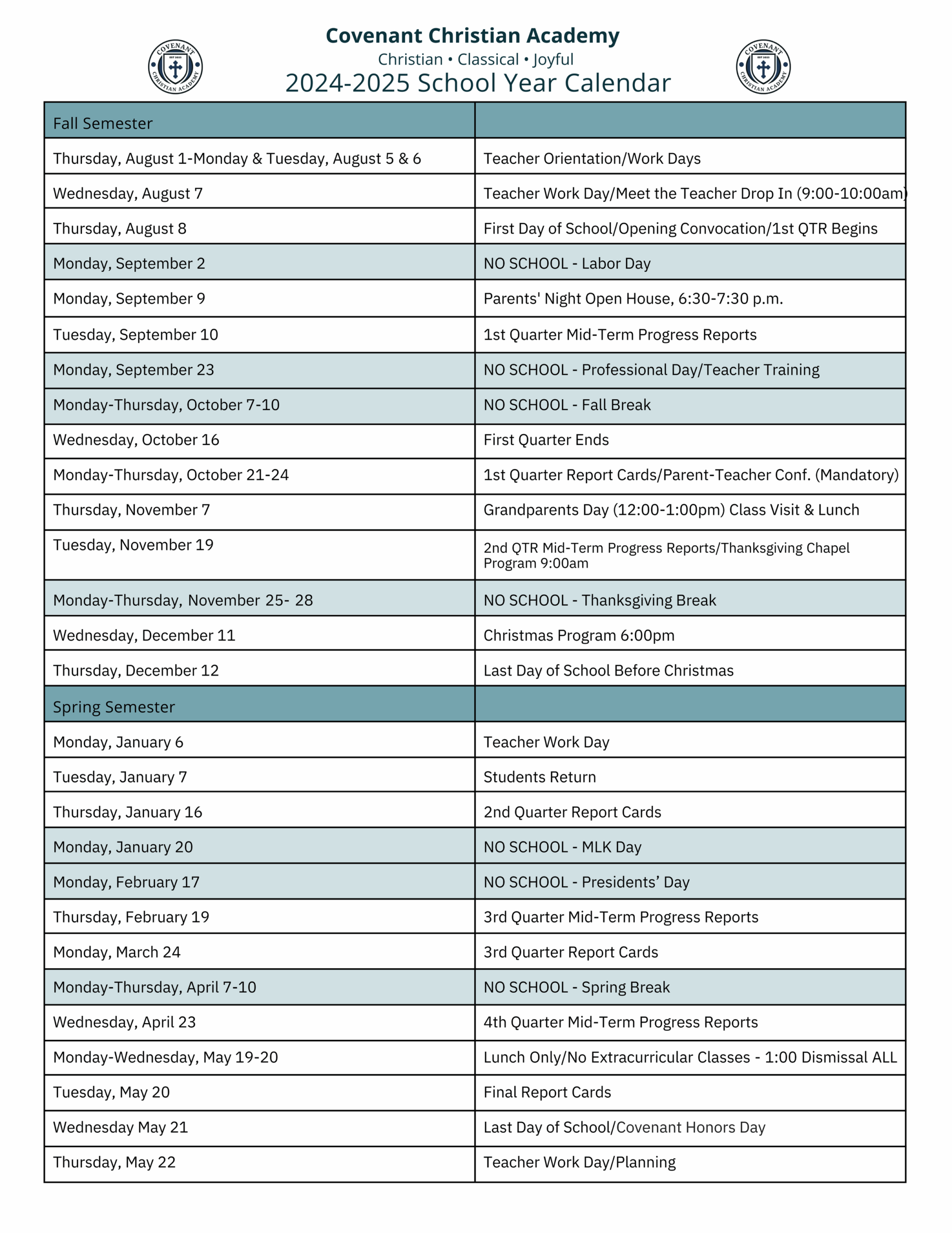 Academic Calendar Covenant Christian Academy Of Augusta