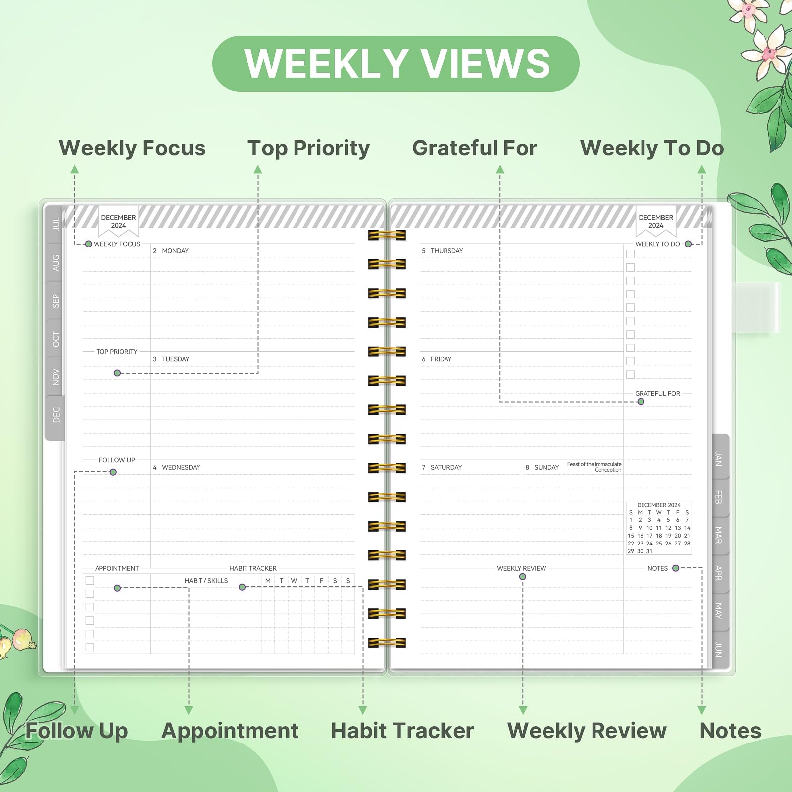 Amazon 2024 2025 Planner Weekly U0026 Monthly Agenda Book Yearly Calendar Planning To Do List Notebook 2024 Planner With Monthly Tabs Inner Pocket Waterproof Cover Pen Loop Spiral Bound GreenLeaves 6 8 Greenery Office Products