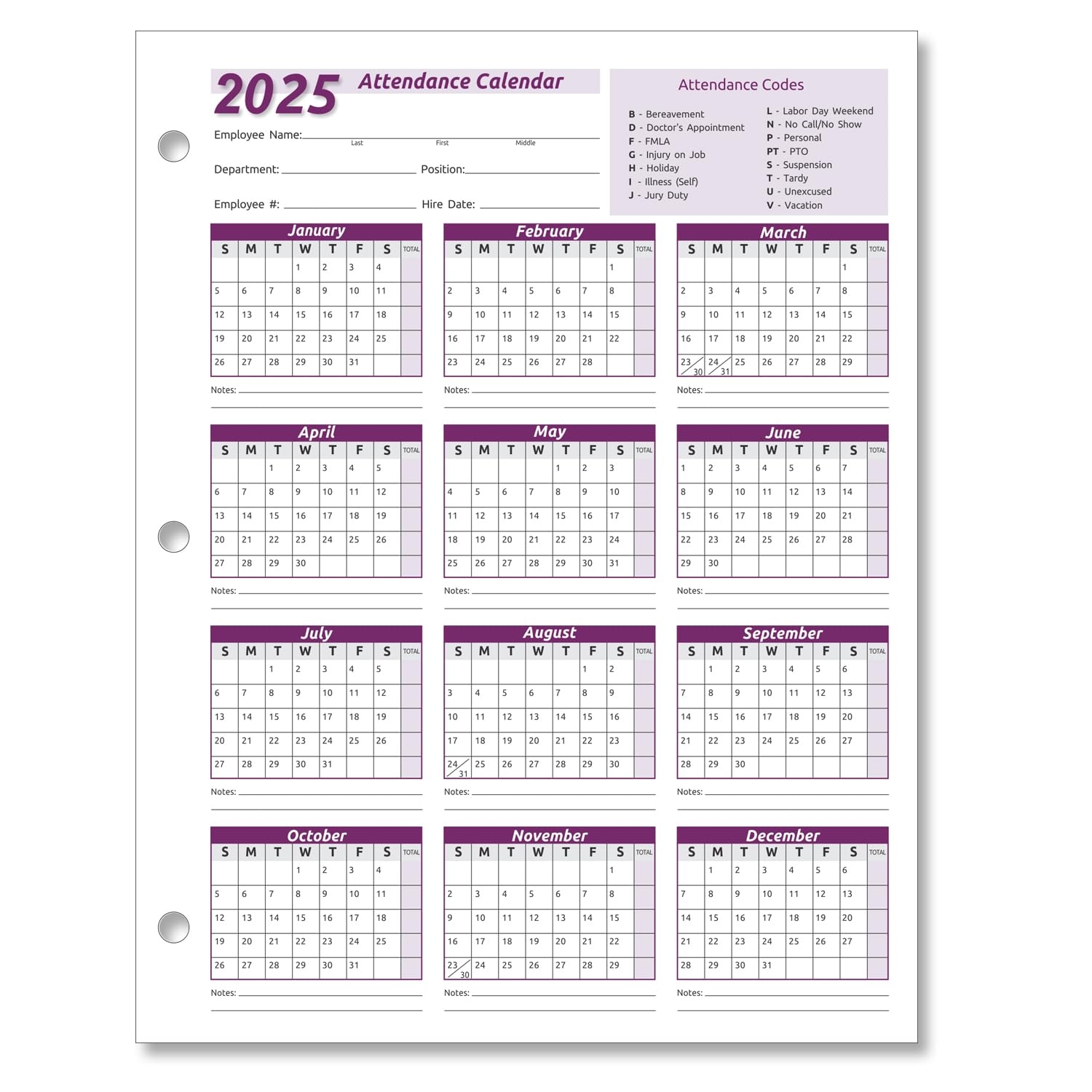 Free Printable 2025 Attendance Calendar Template