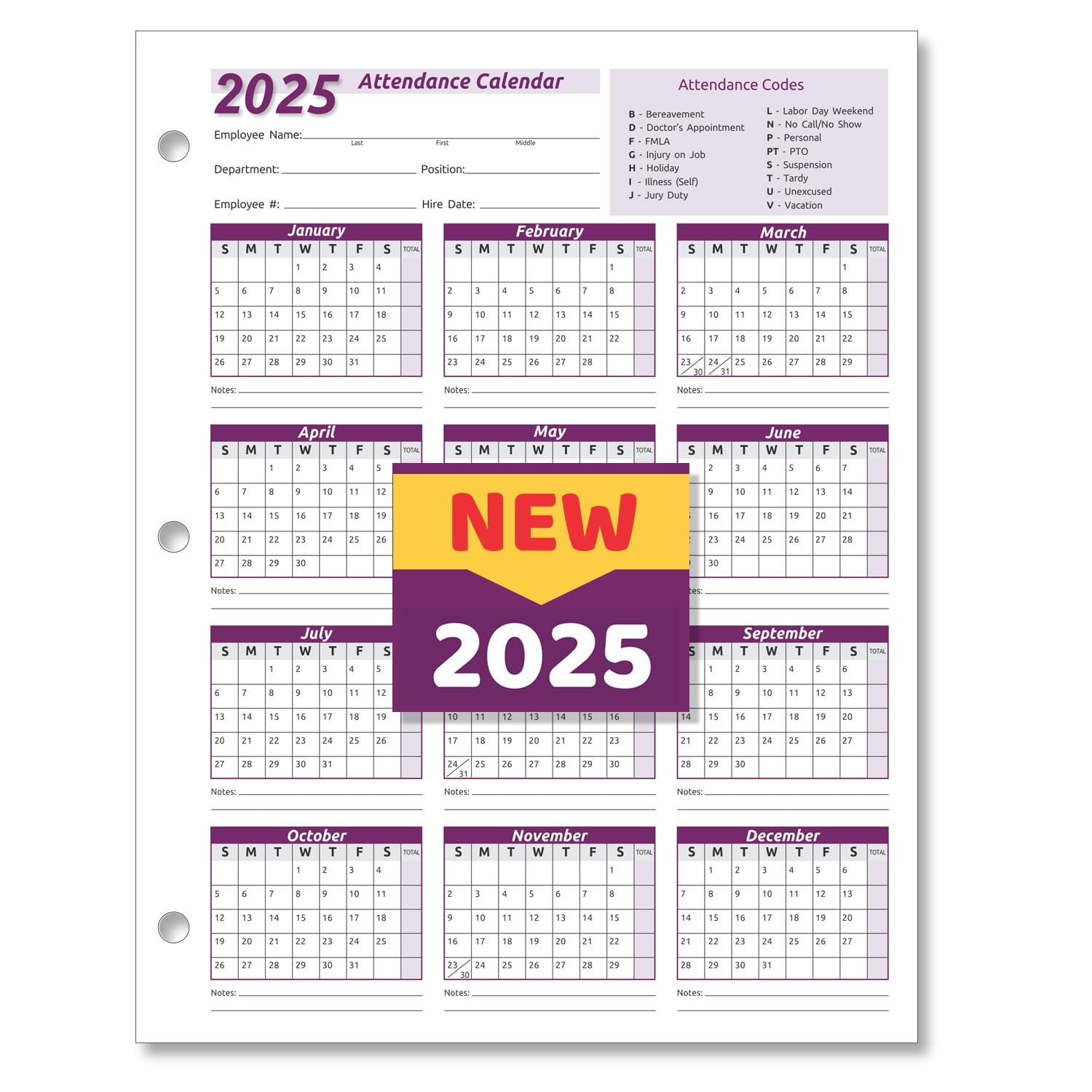 Amazon 2025 Work Tracker Attendance Calendar Cards 8 X 11