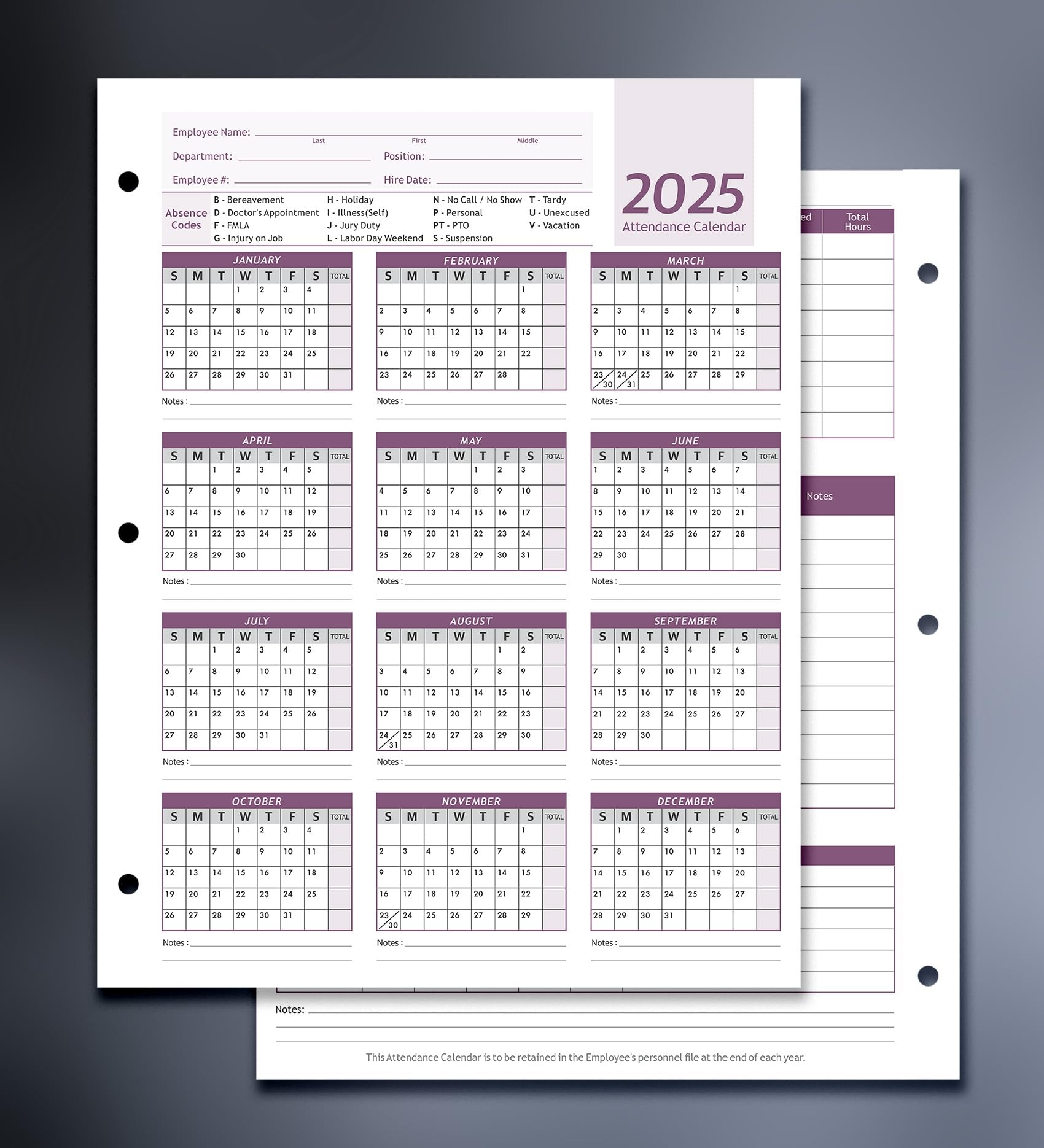 Employee Attendance Calendar 2025