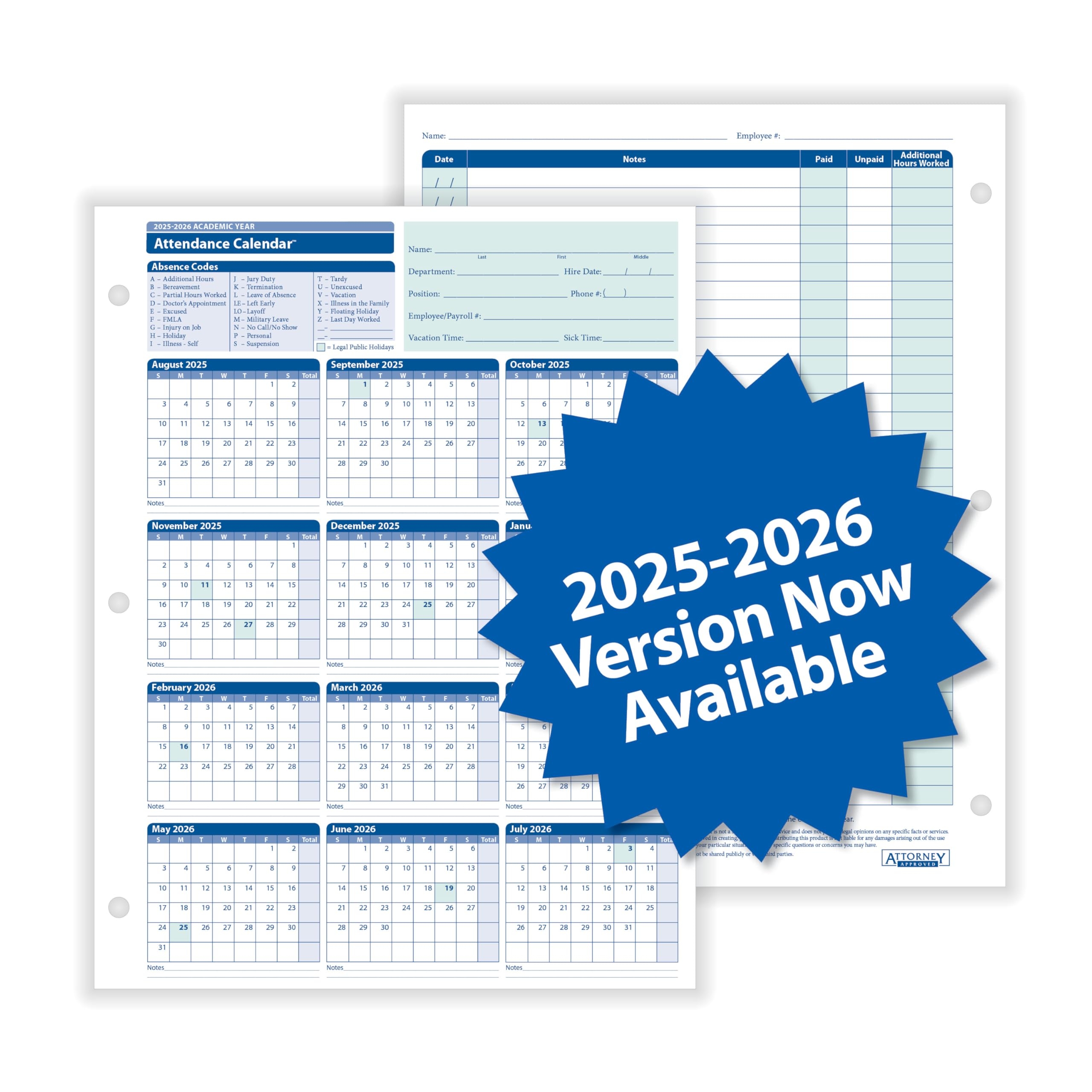 Amazon ComplyRight 2025 2026 Academic Attendance Calendar Pack Of 50 Office Products