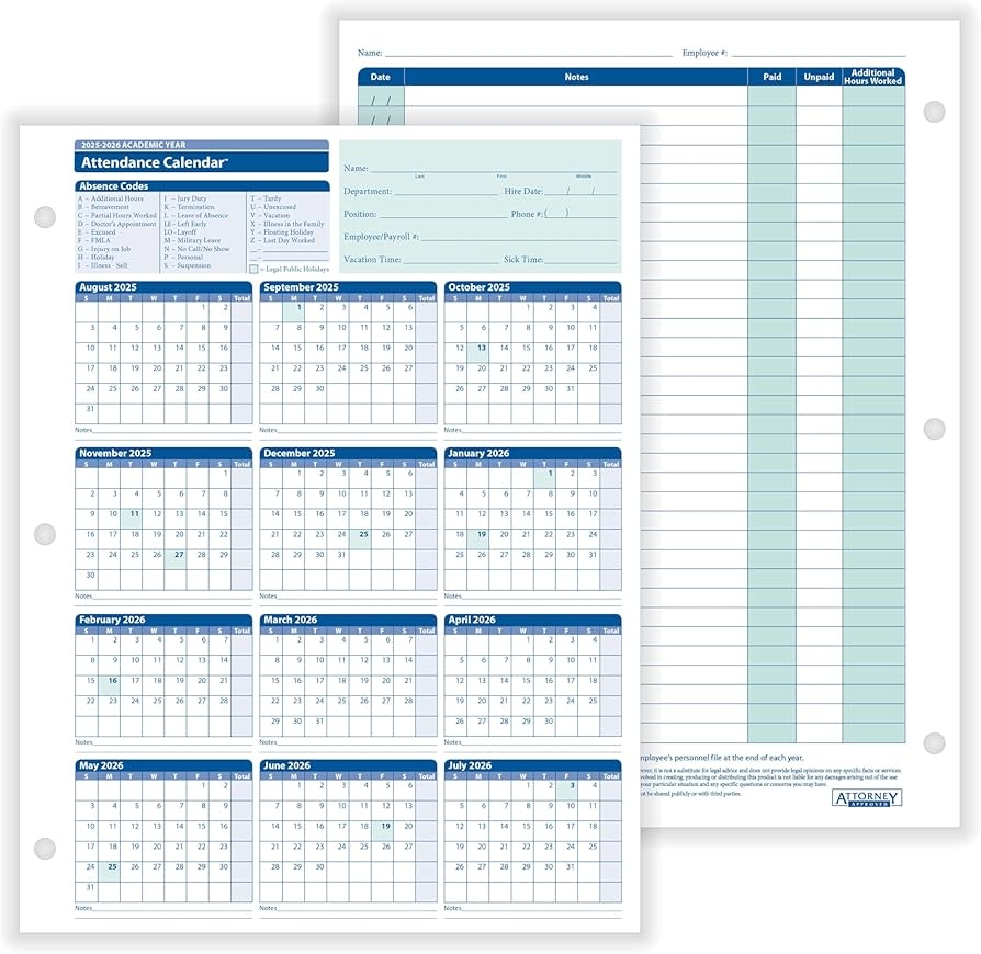 Amazon ComplyRight 2025 2026 Academic Attendance Calendar Pack Of 50 Office Products