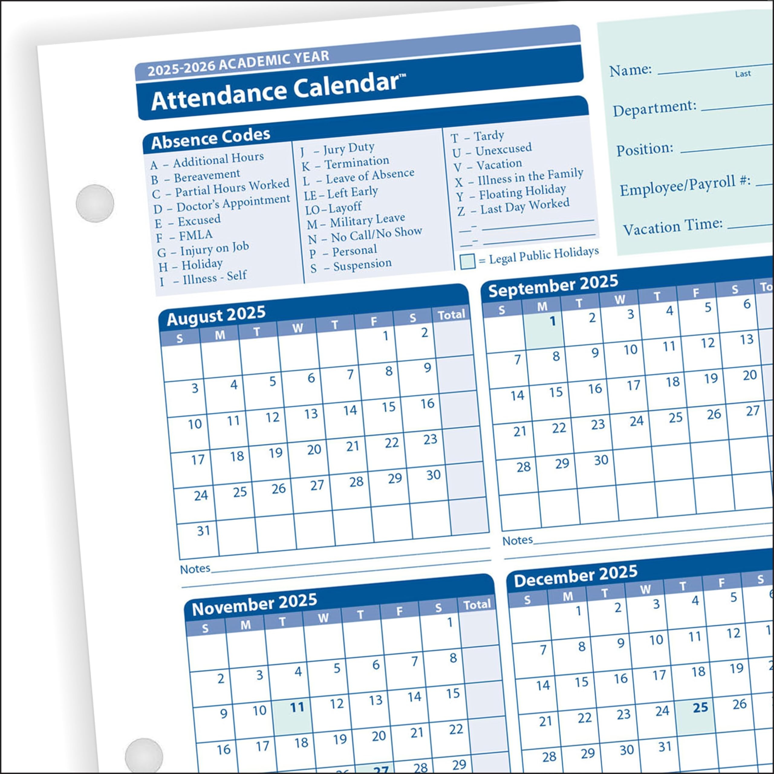 Amazon ComplyRight 2025 2026 Academic Attendance Calendar Pack Of 50 Office Products