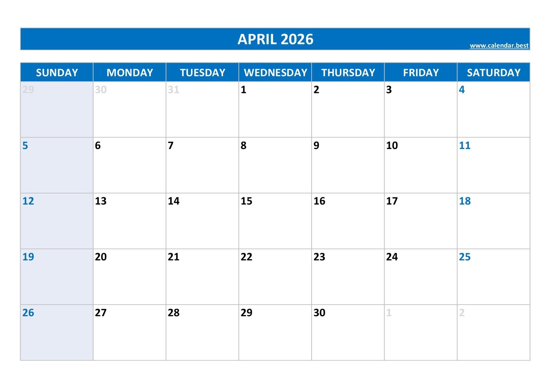 Free Printable April Monthly Calendar 2026