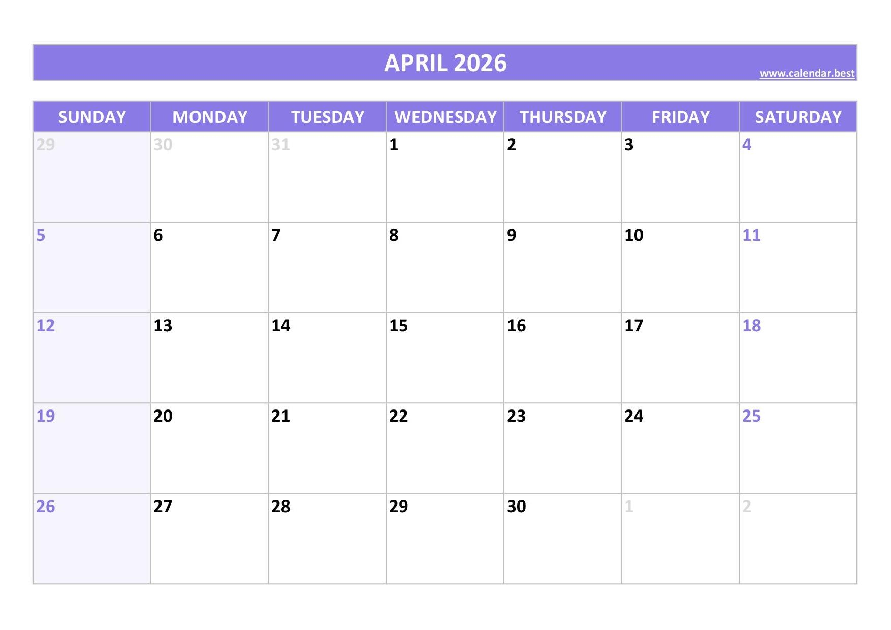 Calendar For April 2026 Printable