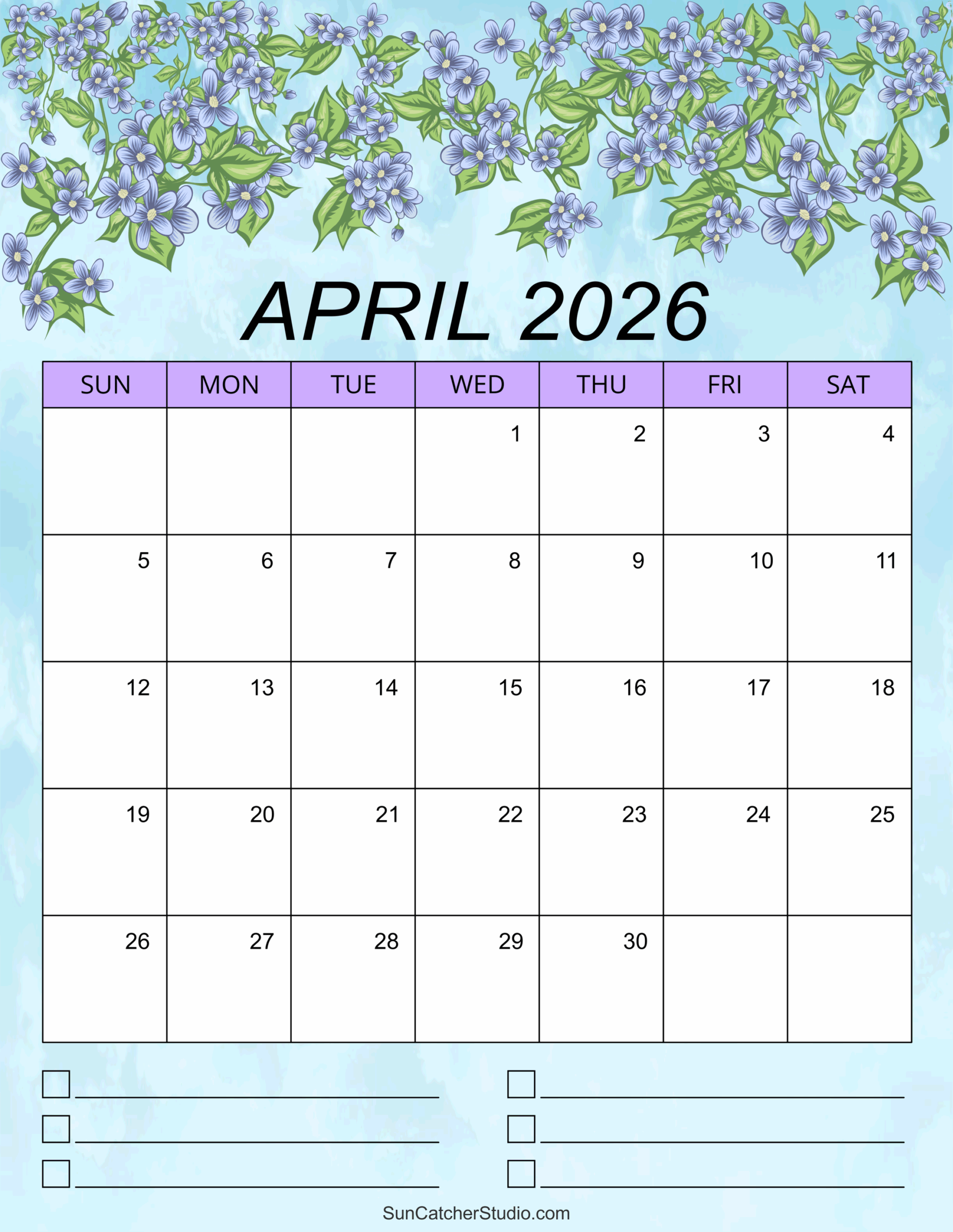 Printable April Calendar 2026 2
