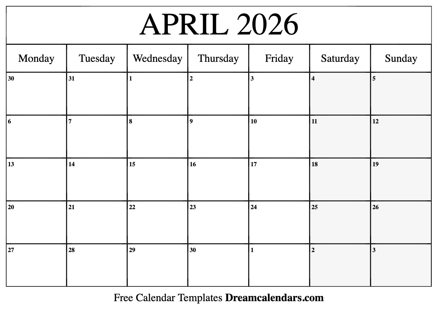 April 2026 Calendar Uk Printable