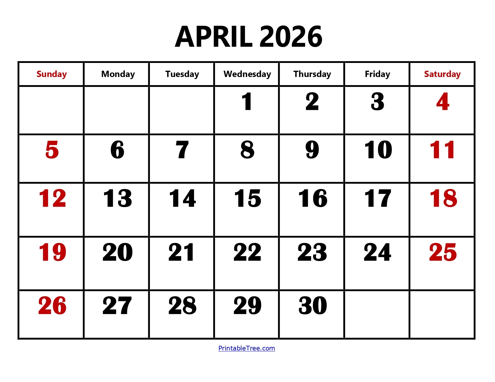 April 2026 Printable Calendar Vertex