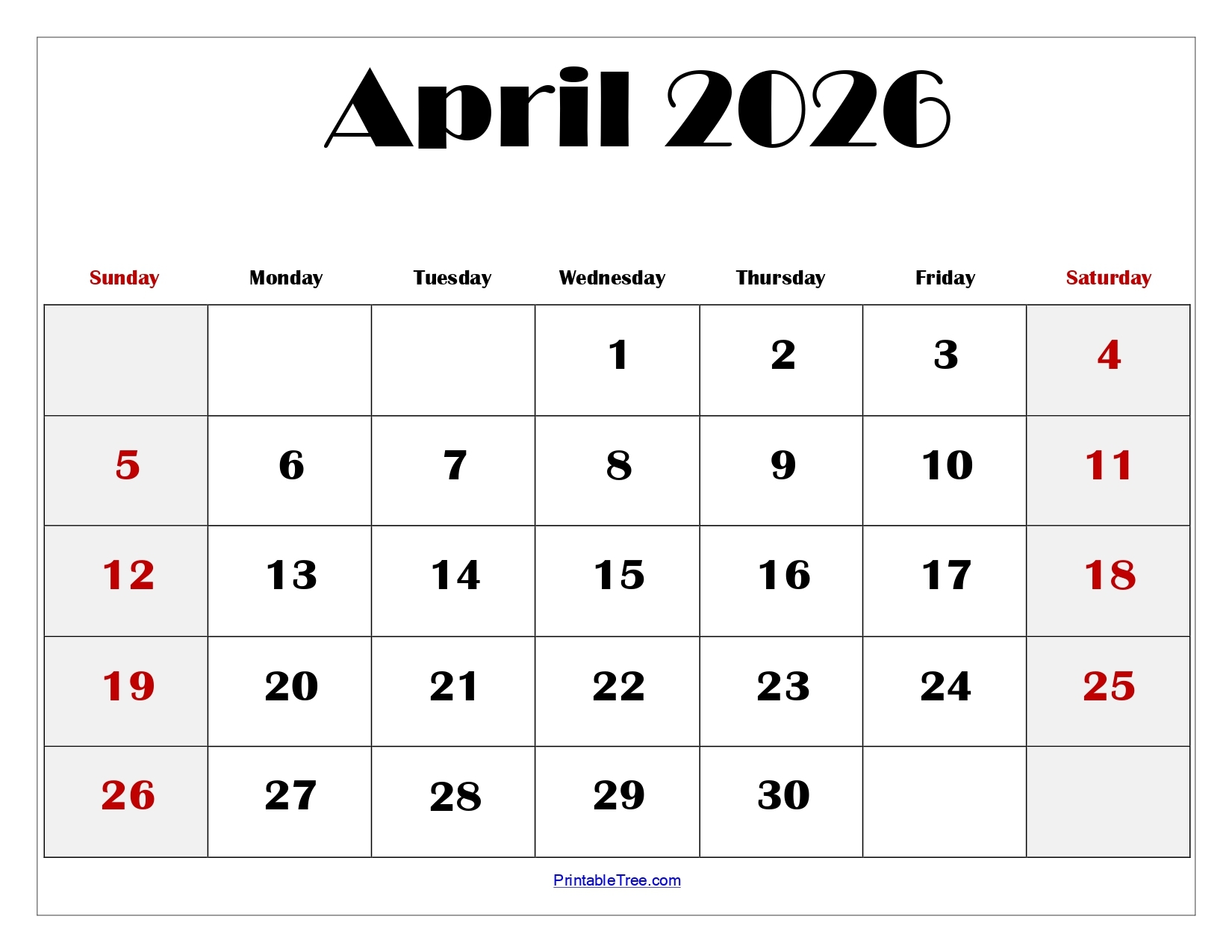Free Printable April 2026 Calendar Template Editabler