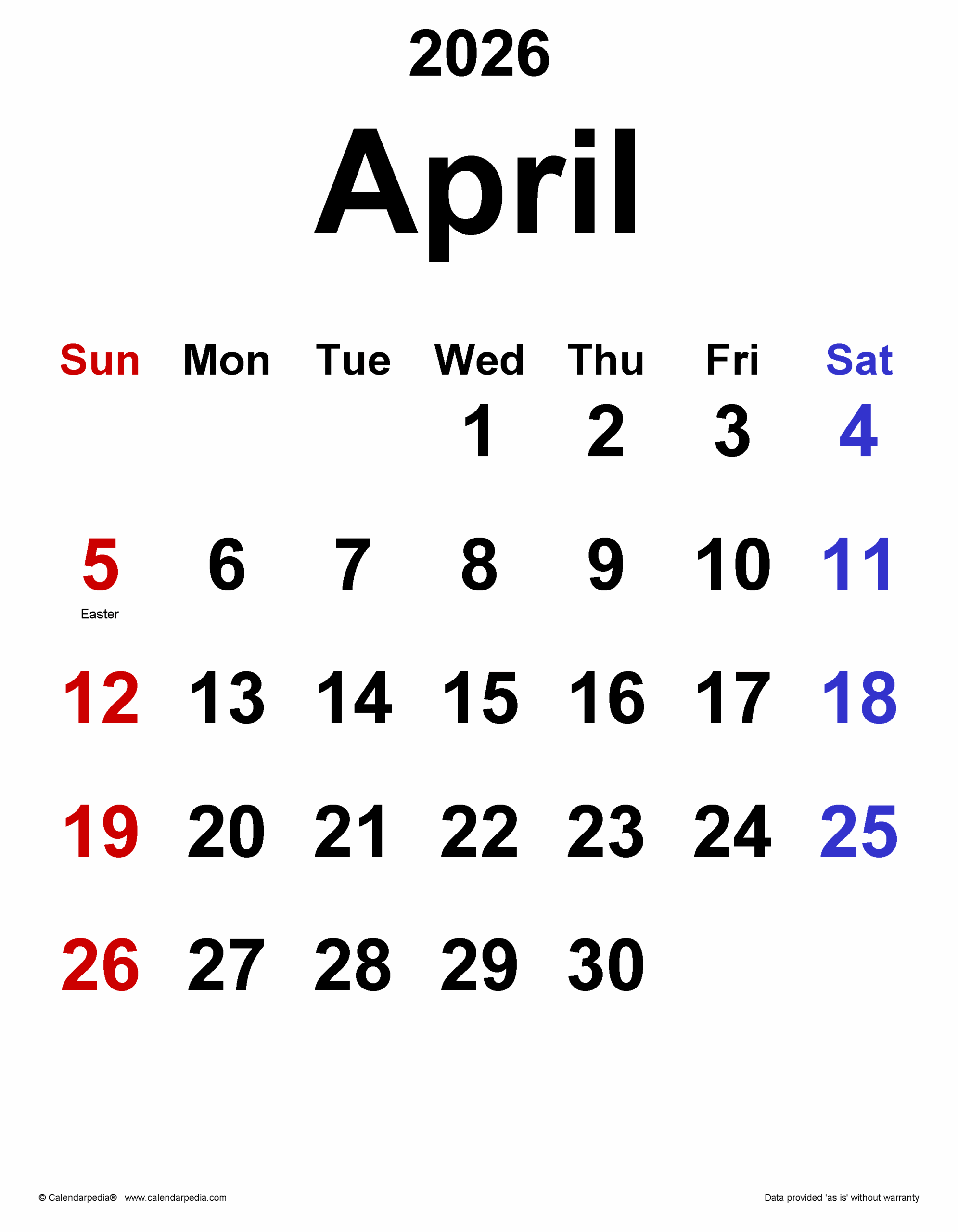 Free Printable April 2026 Calendar Word