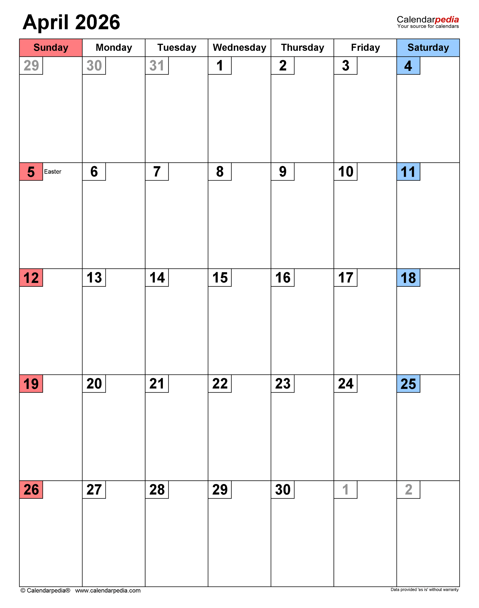 April 2026 Calendar Templates For PDF Excel And Word