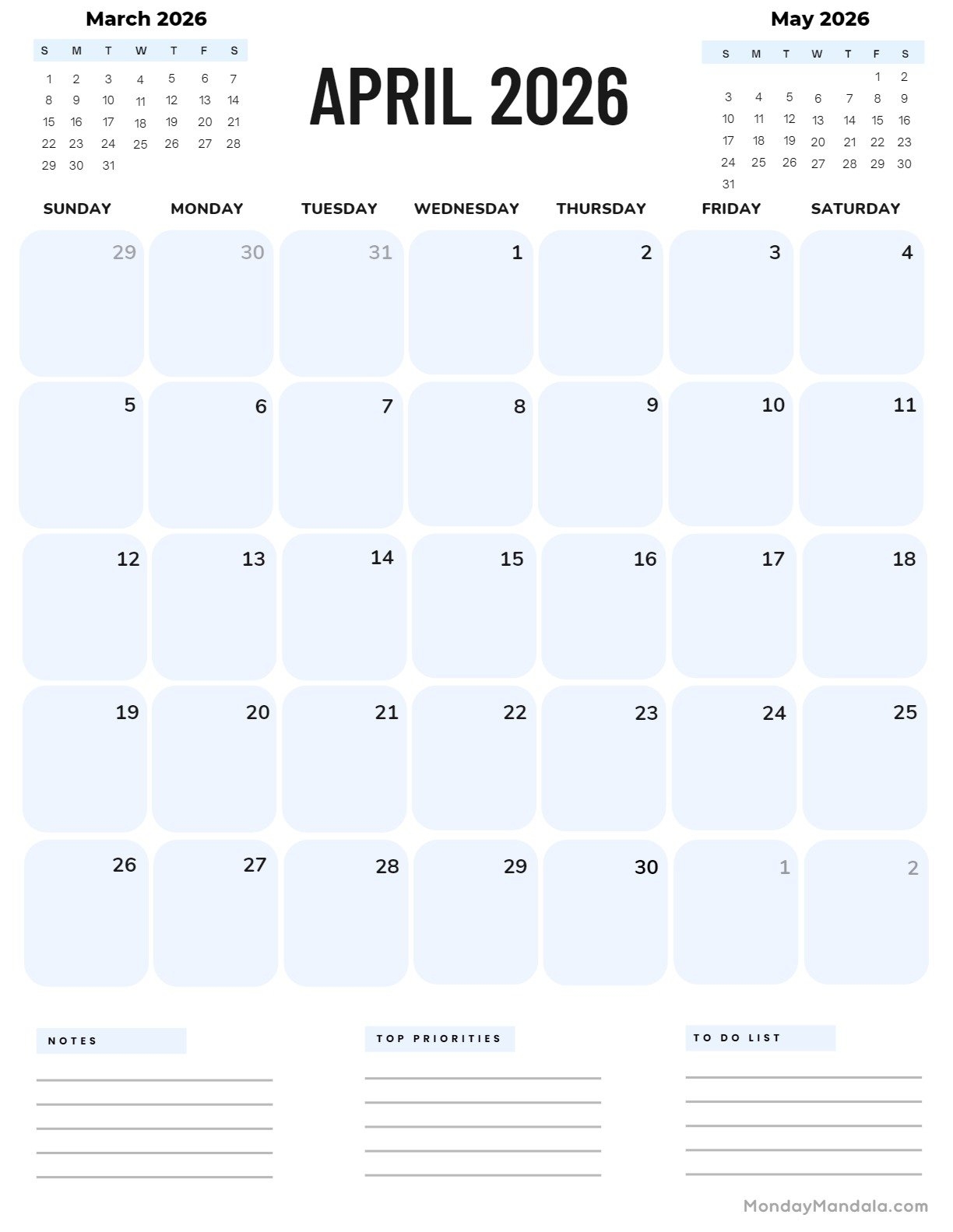 April 2026 Calendar Printable Fillable