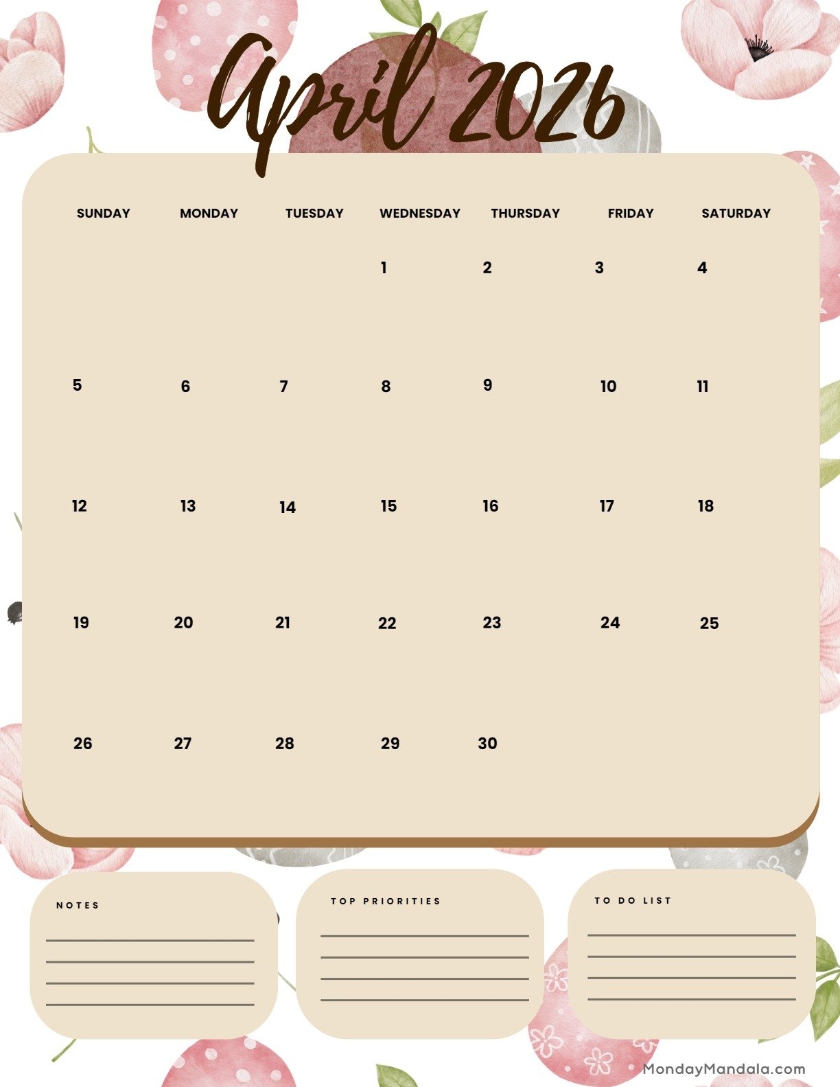 April 2026 Printable Calendar With Flowers