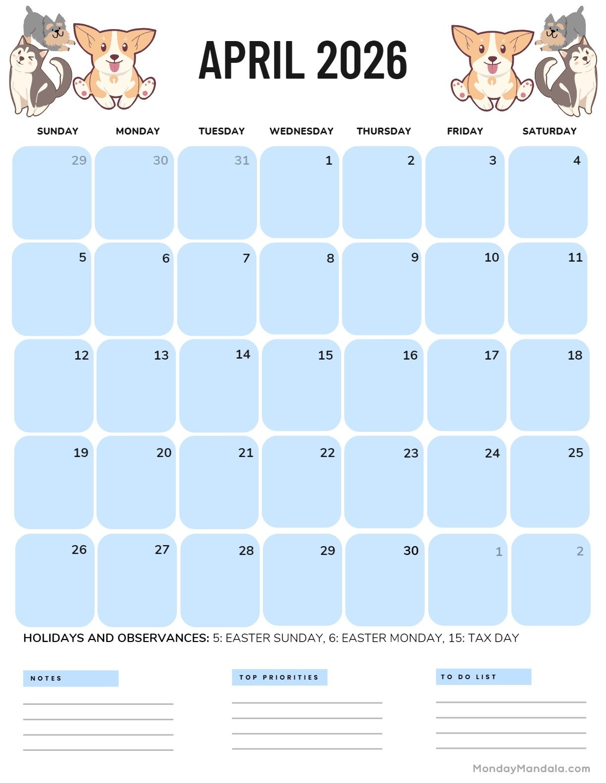 April 2026 Printable Calendar Cute