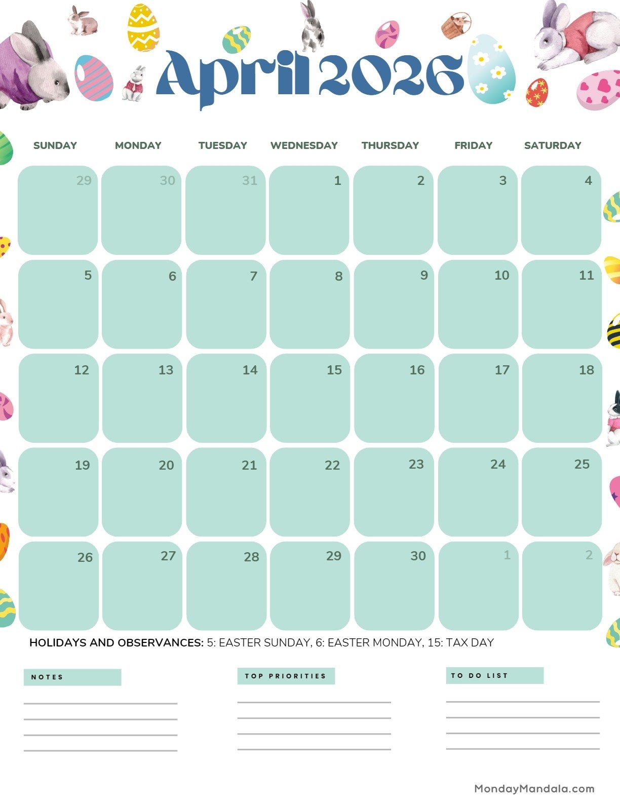 April 2026 Printable Menu Calendar