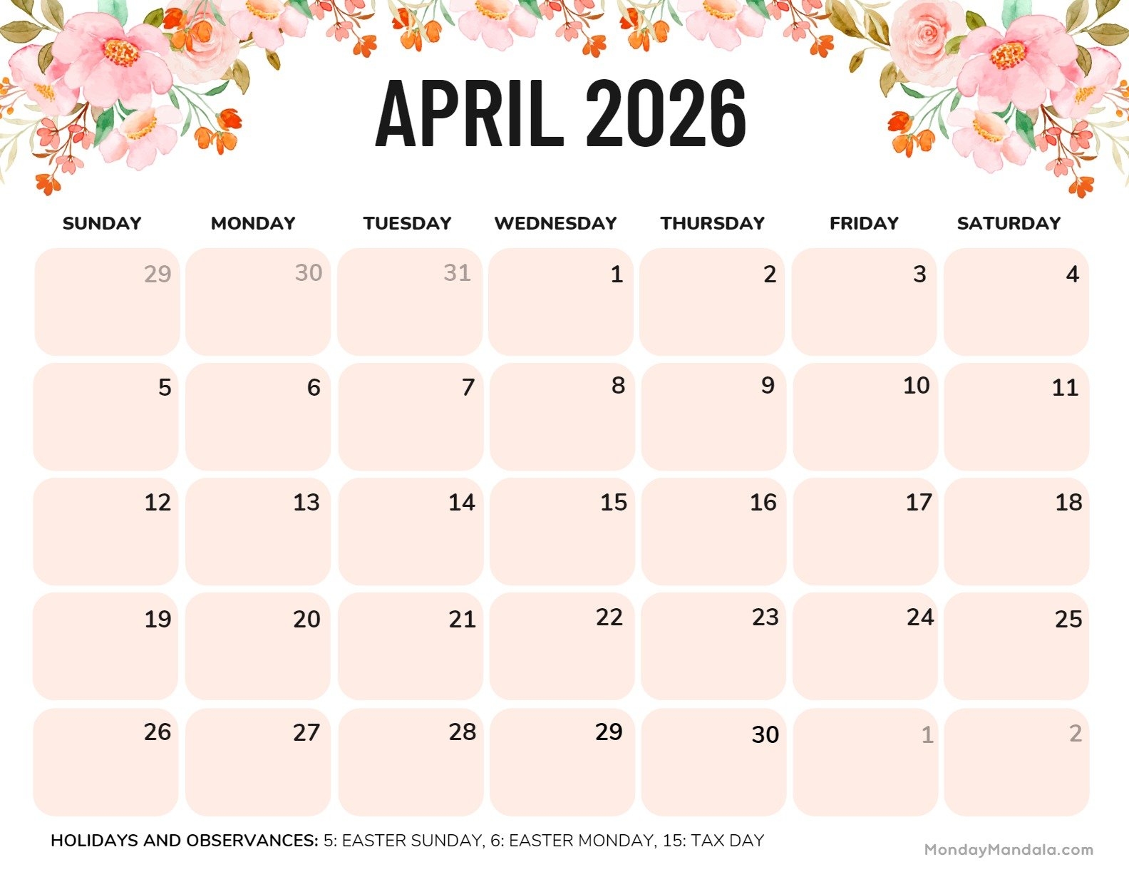 Free Printable Calendar April 2026 Pdf