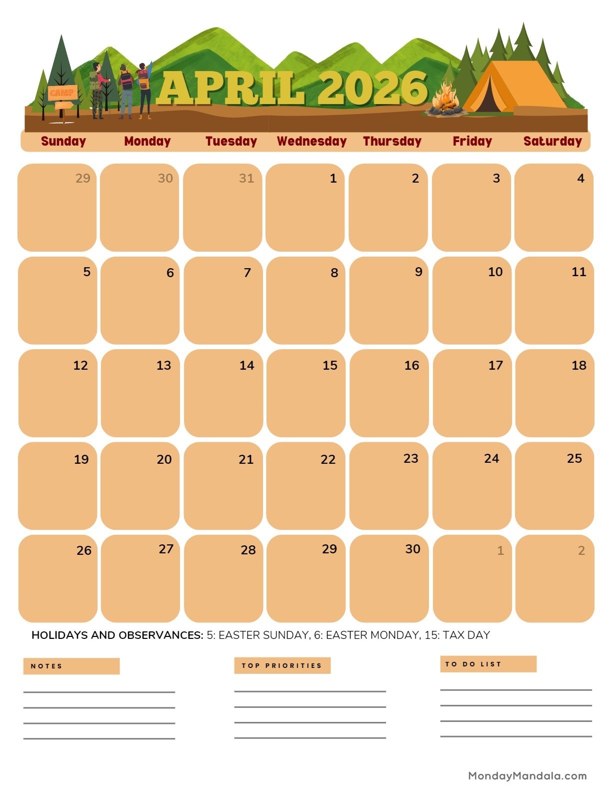 April 2026 Calendar Printable Portrait Lined
