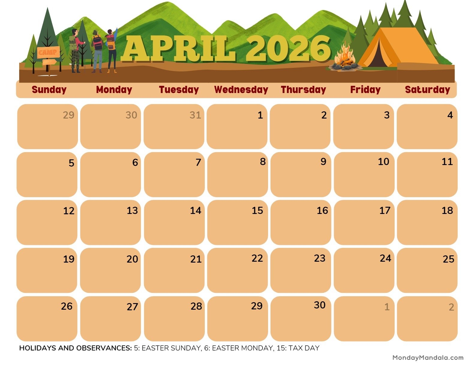 2026 Printable April Calendar