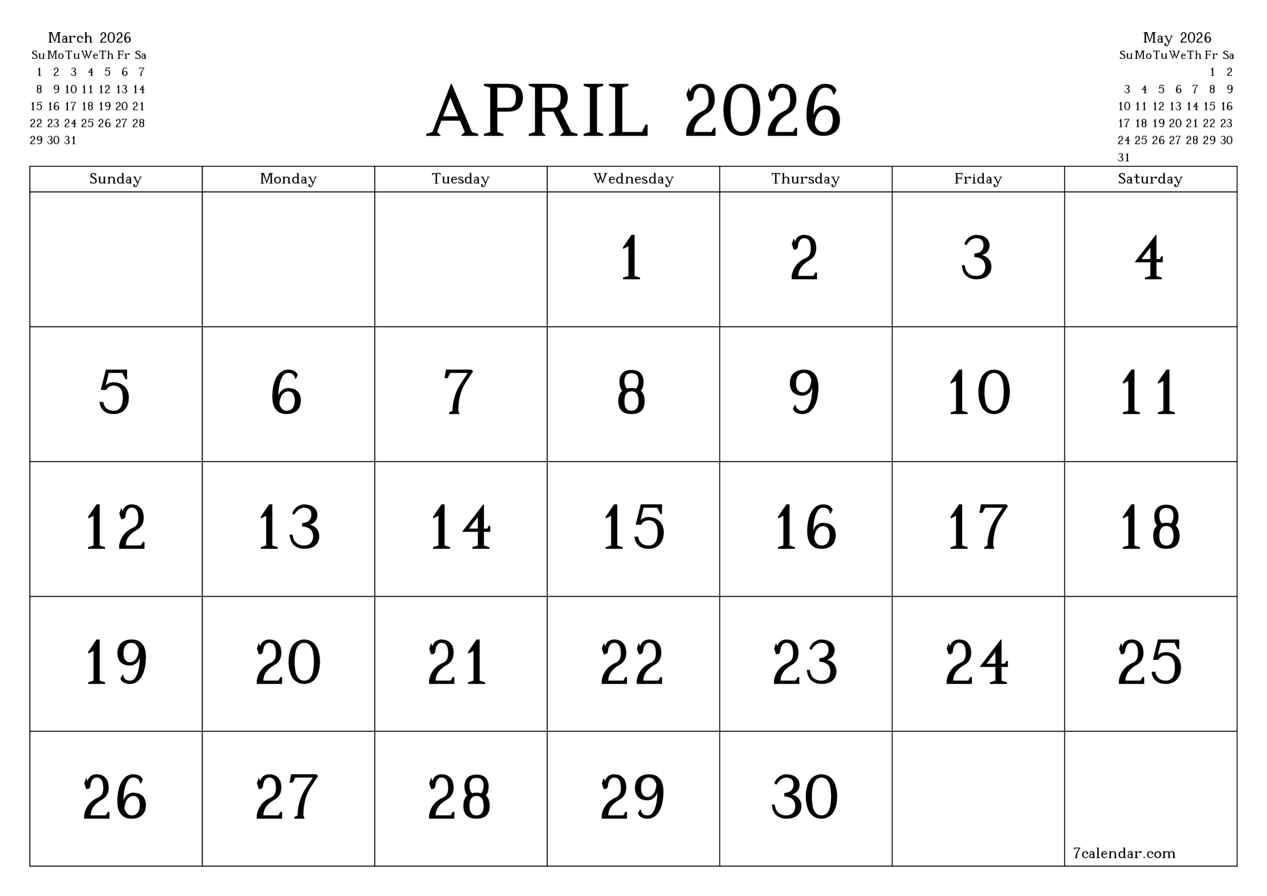 2026 Printable Calendar By Month April
