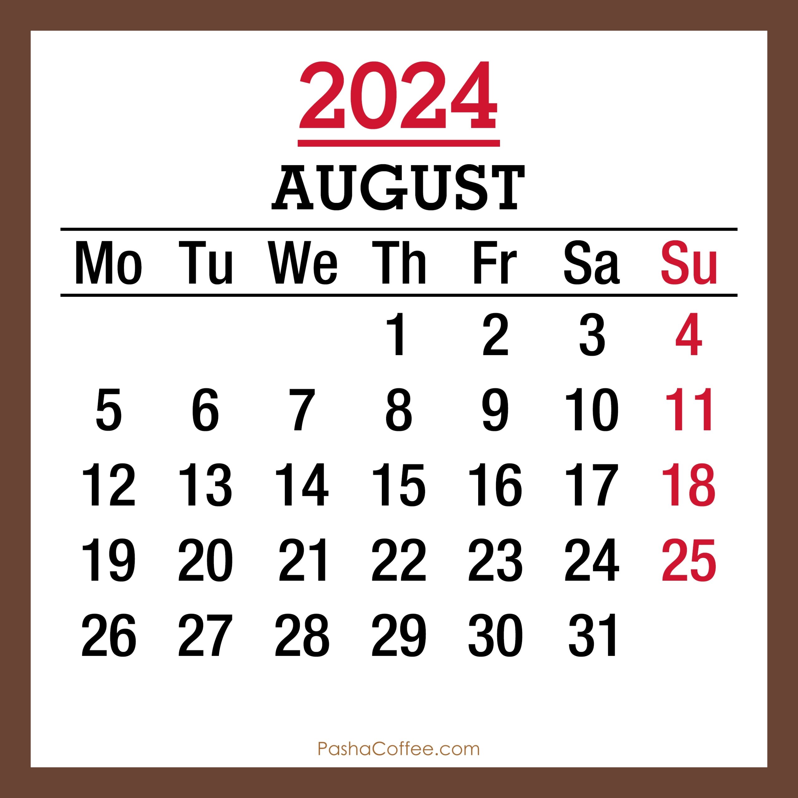 August 2024 Monthly Calendar Printable Free Brown Monday Start PashaCoffee