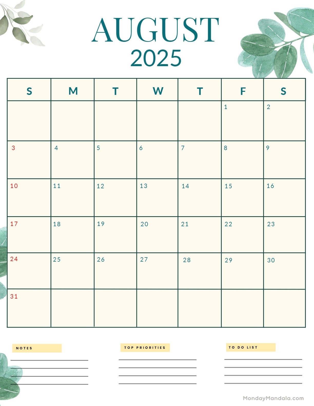 August 2025 Calendar Printable Portrait