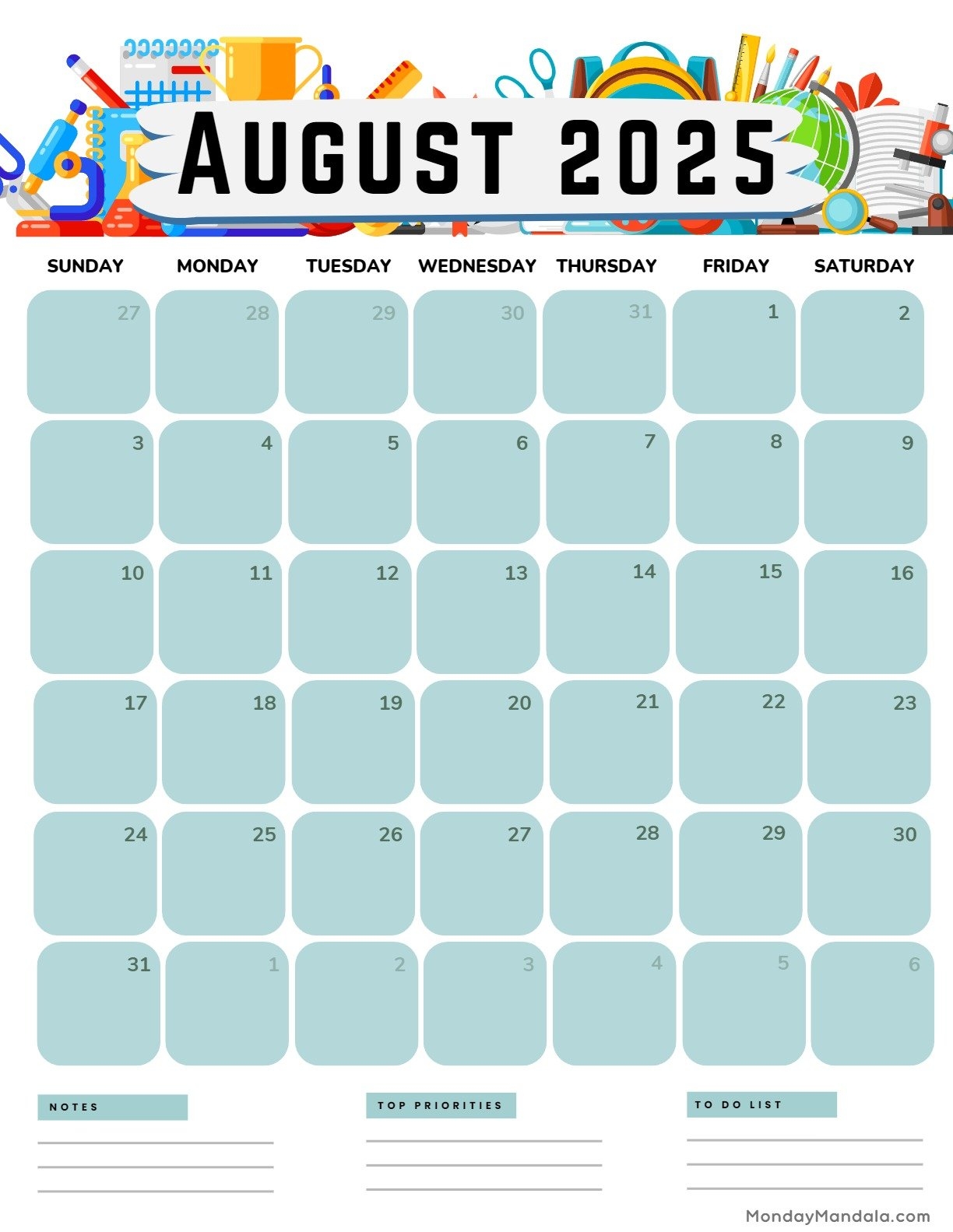 Free Printable August 2025 Calendar For Kids