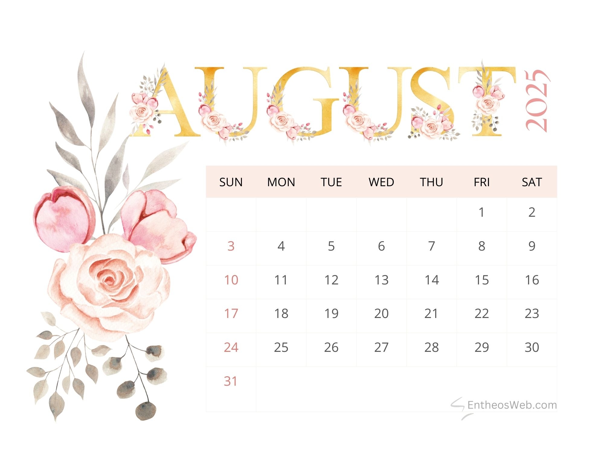 Free Calendar August 2025