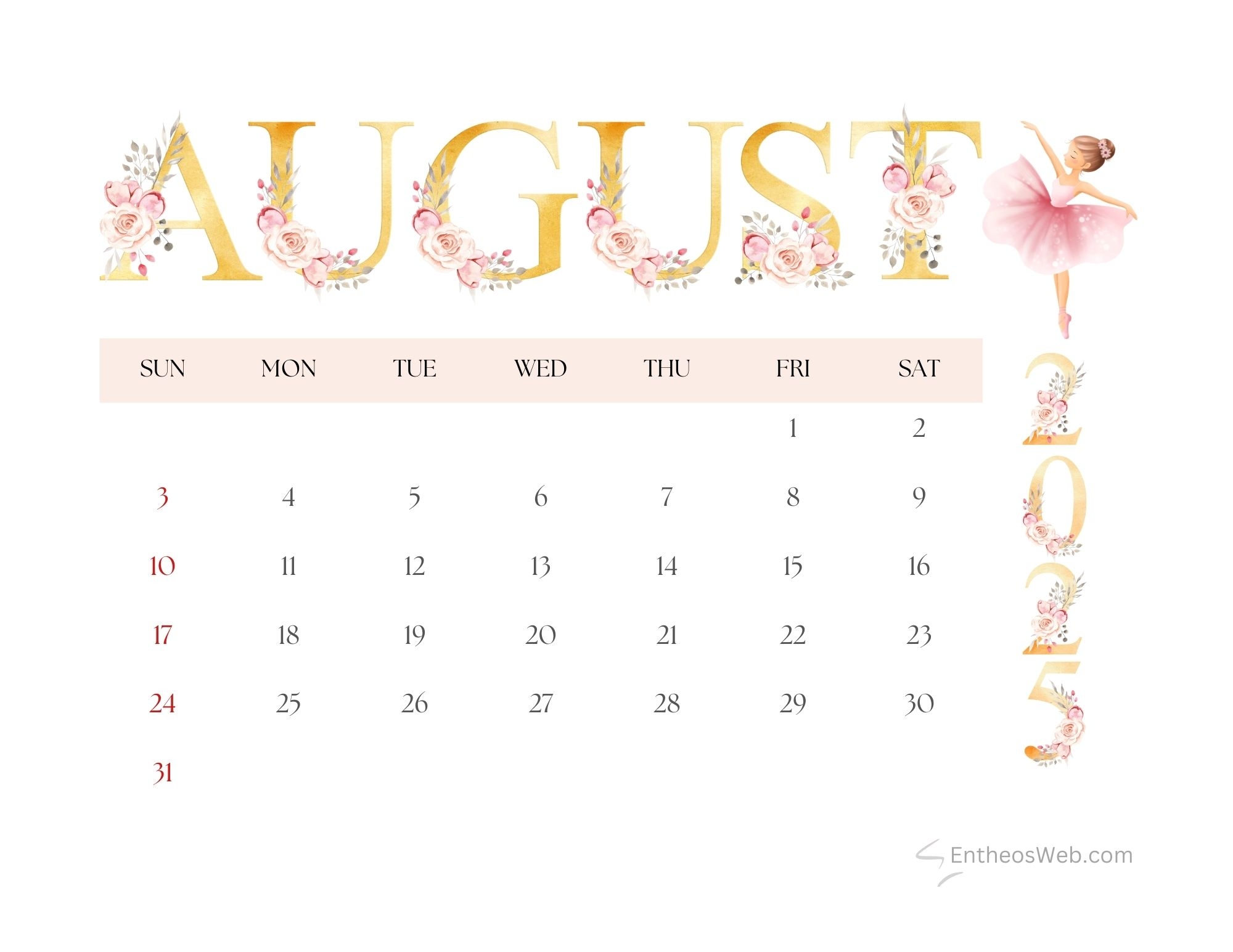 August Calendar 2025 Printable Cute