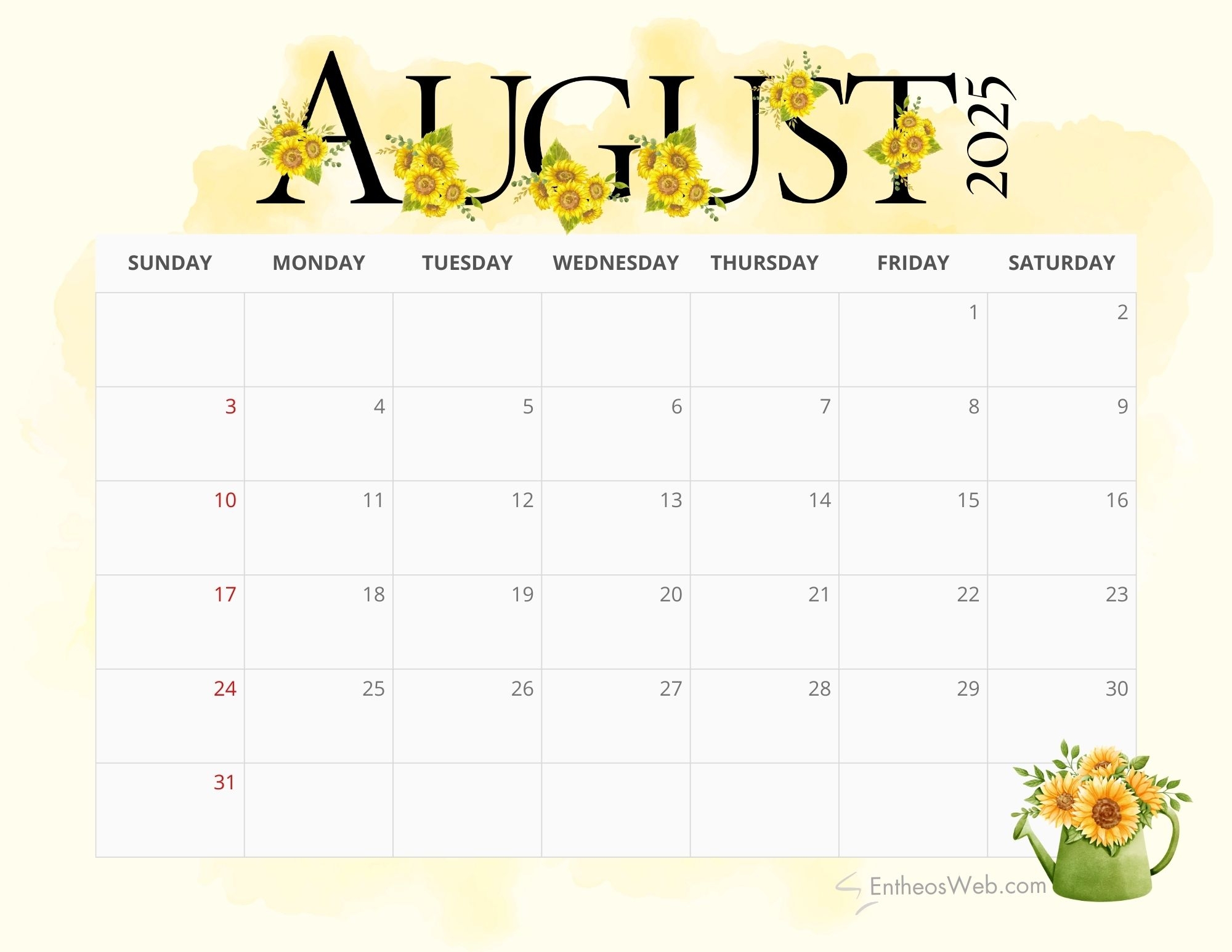 Free Printable Blank August Calendar 2025