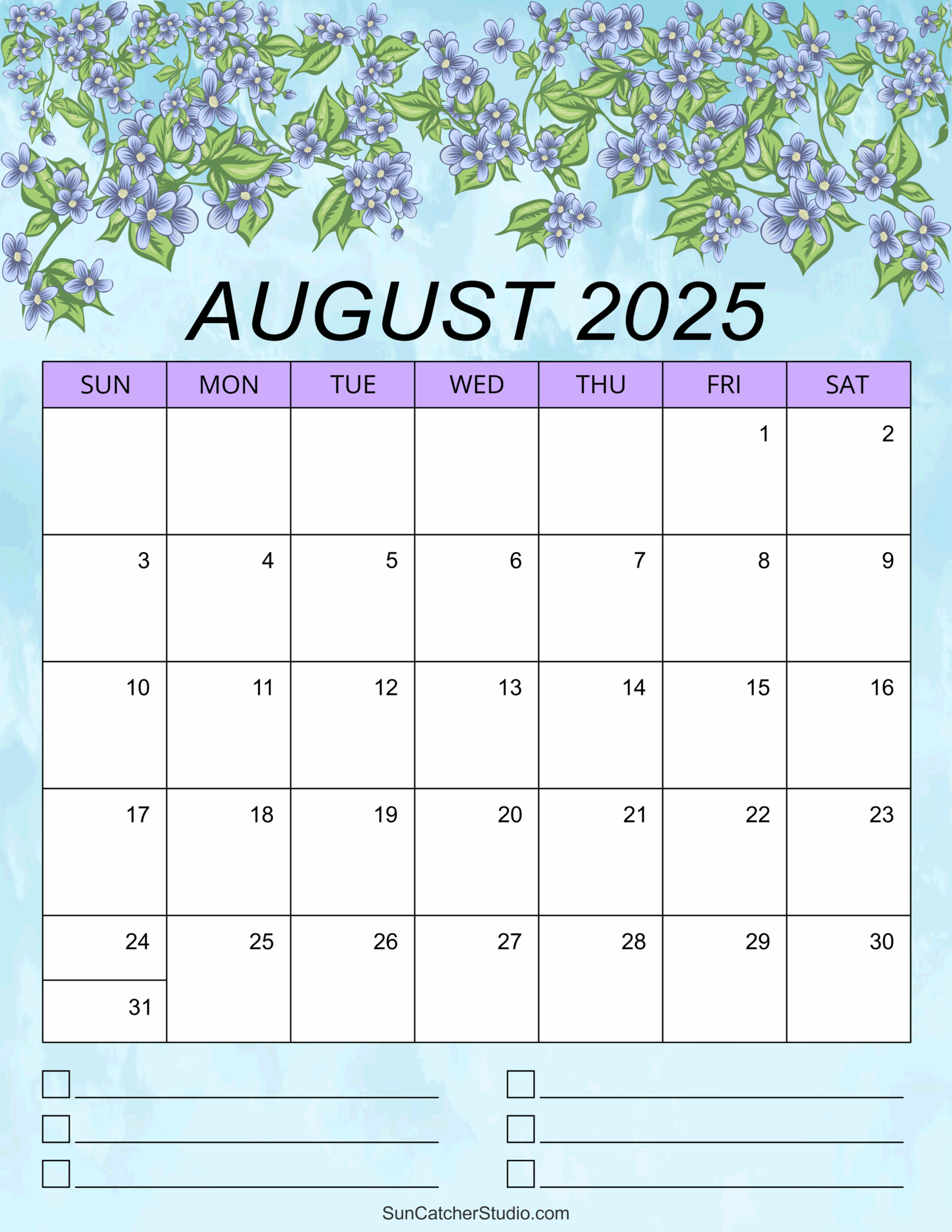 Monthly Calendar Printable August 2025