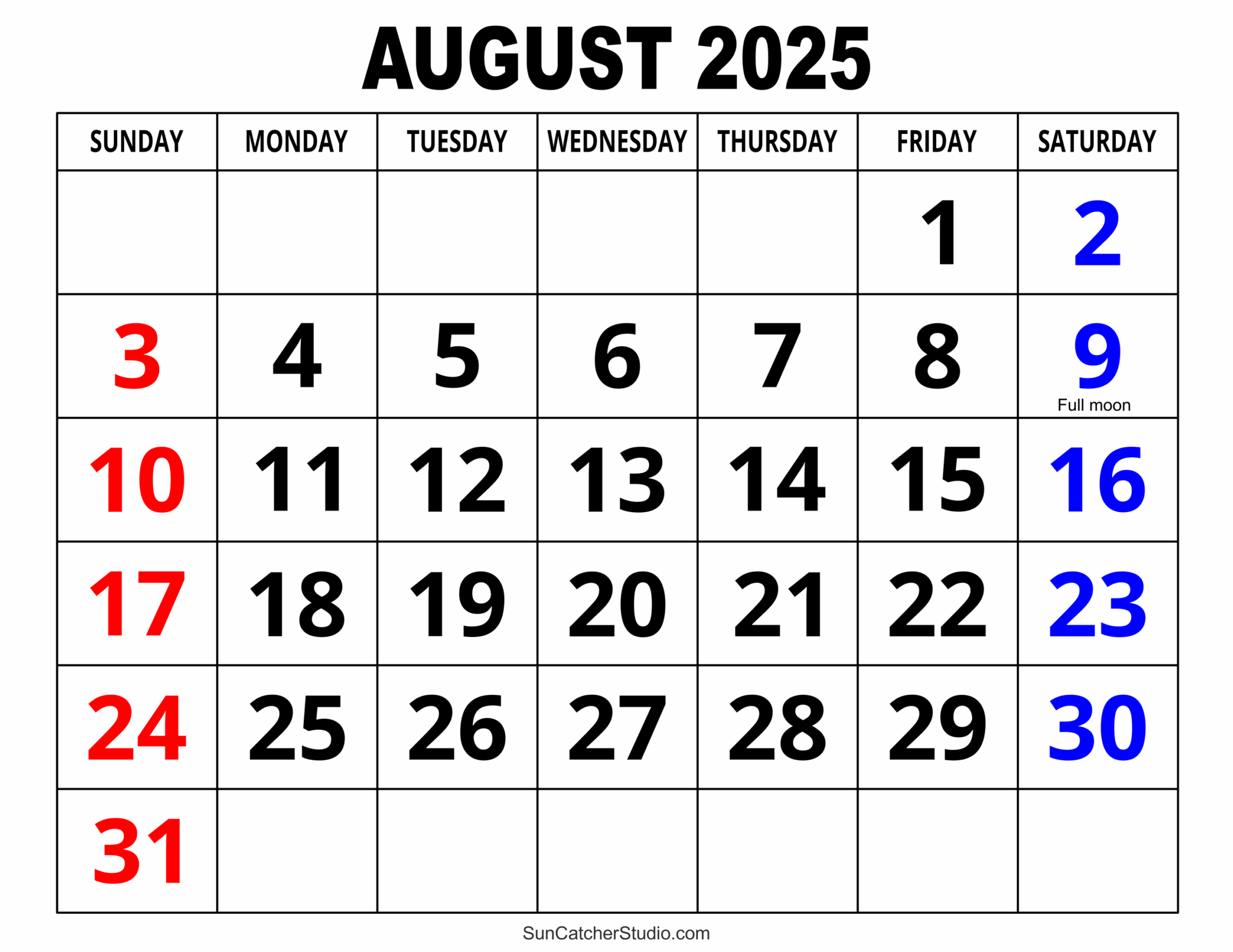 Calendar 2025 Printable August