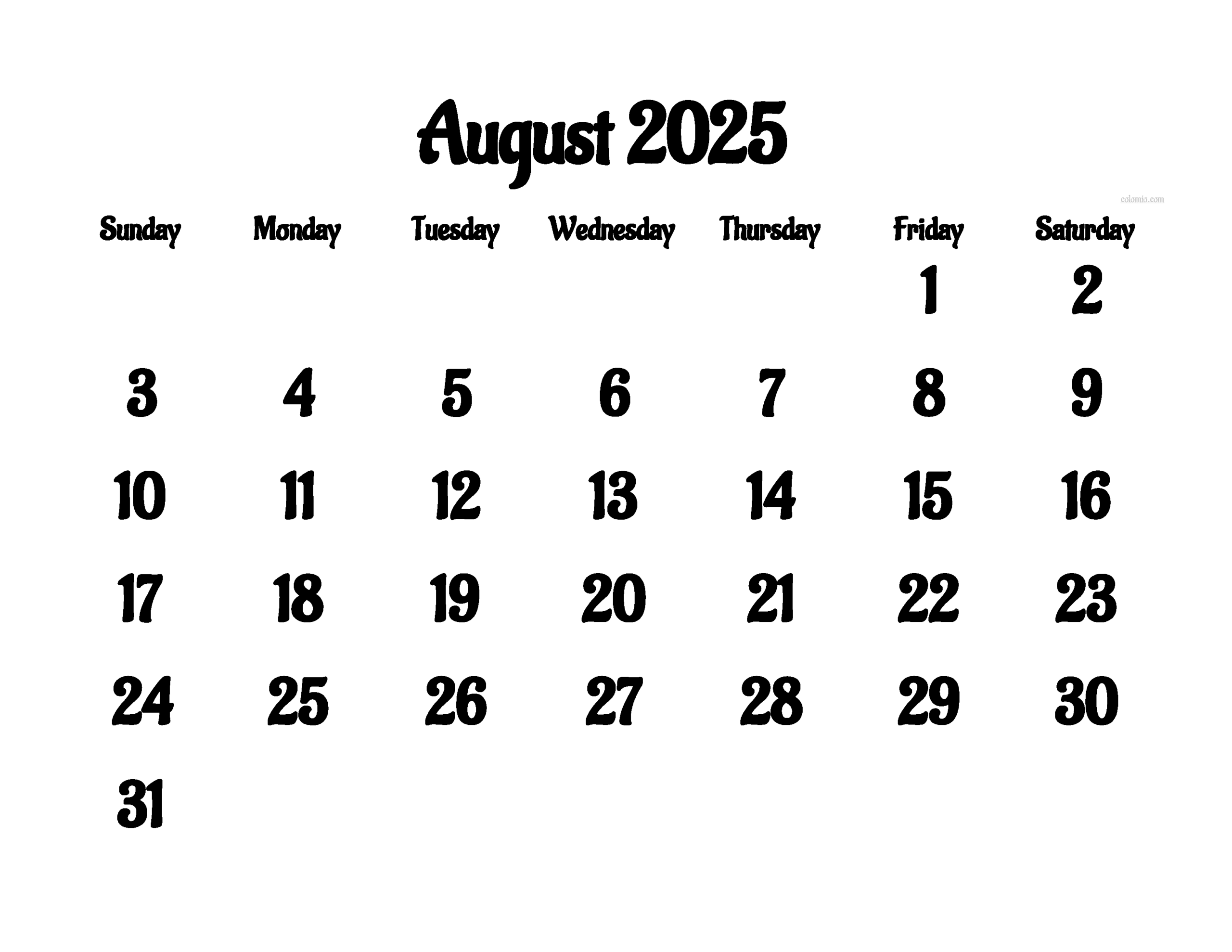 Blank August Calendar 2025