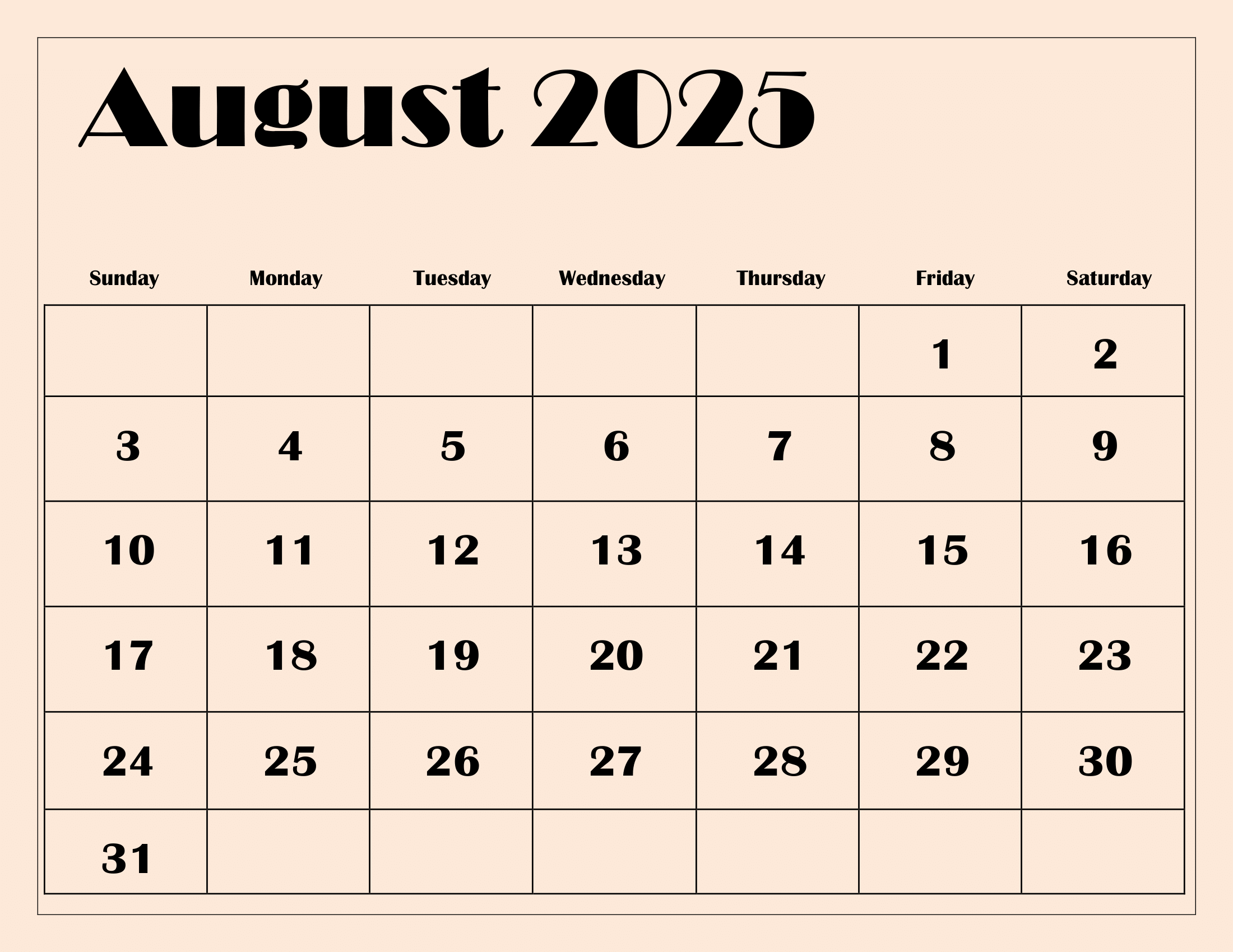 Calendar 2025 August