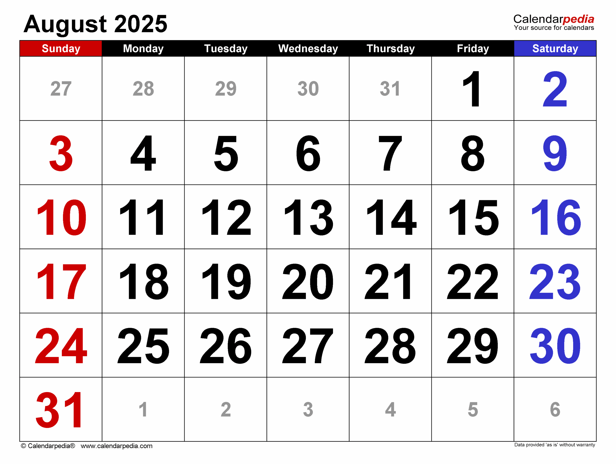 August Month Printable Calendar 2025