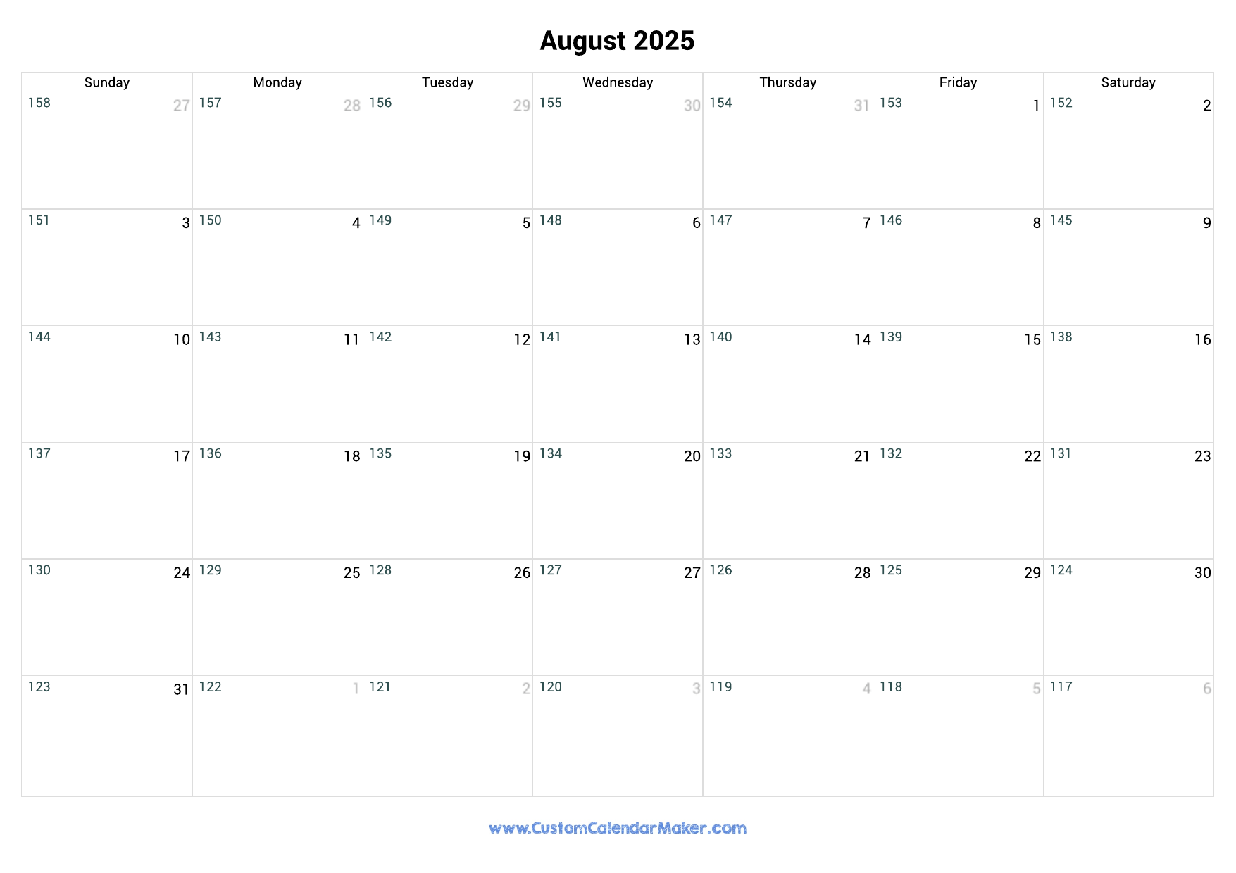 123 Calendar August 2025