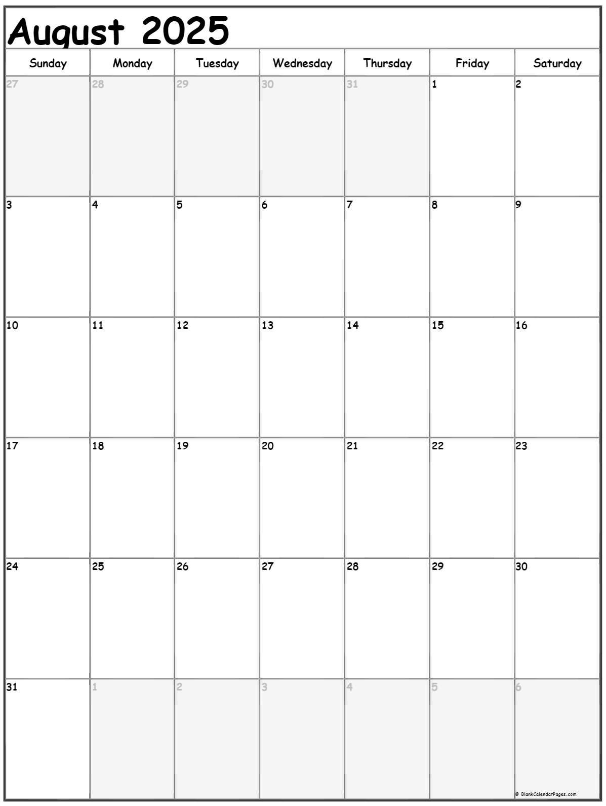 August 2025 Vertical Calendar Portrait