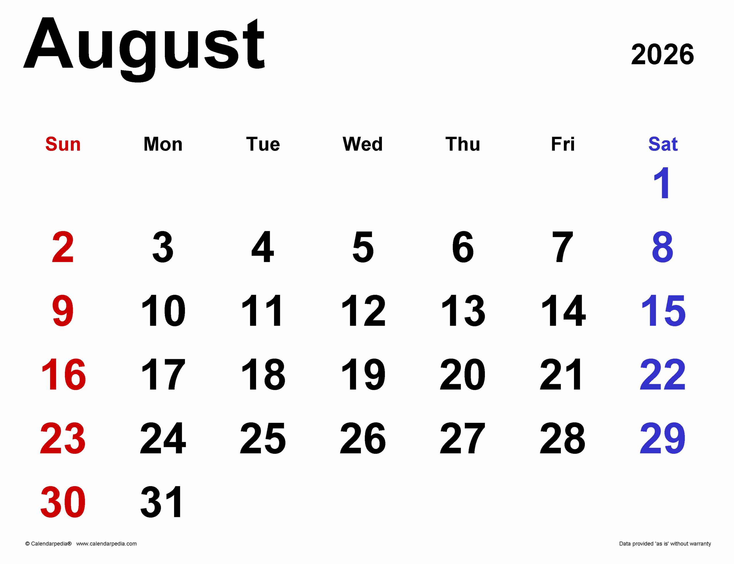 August 2026 Calendar Templates For PDF Excel And Word