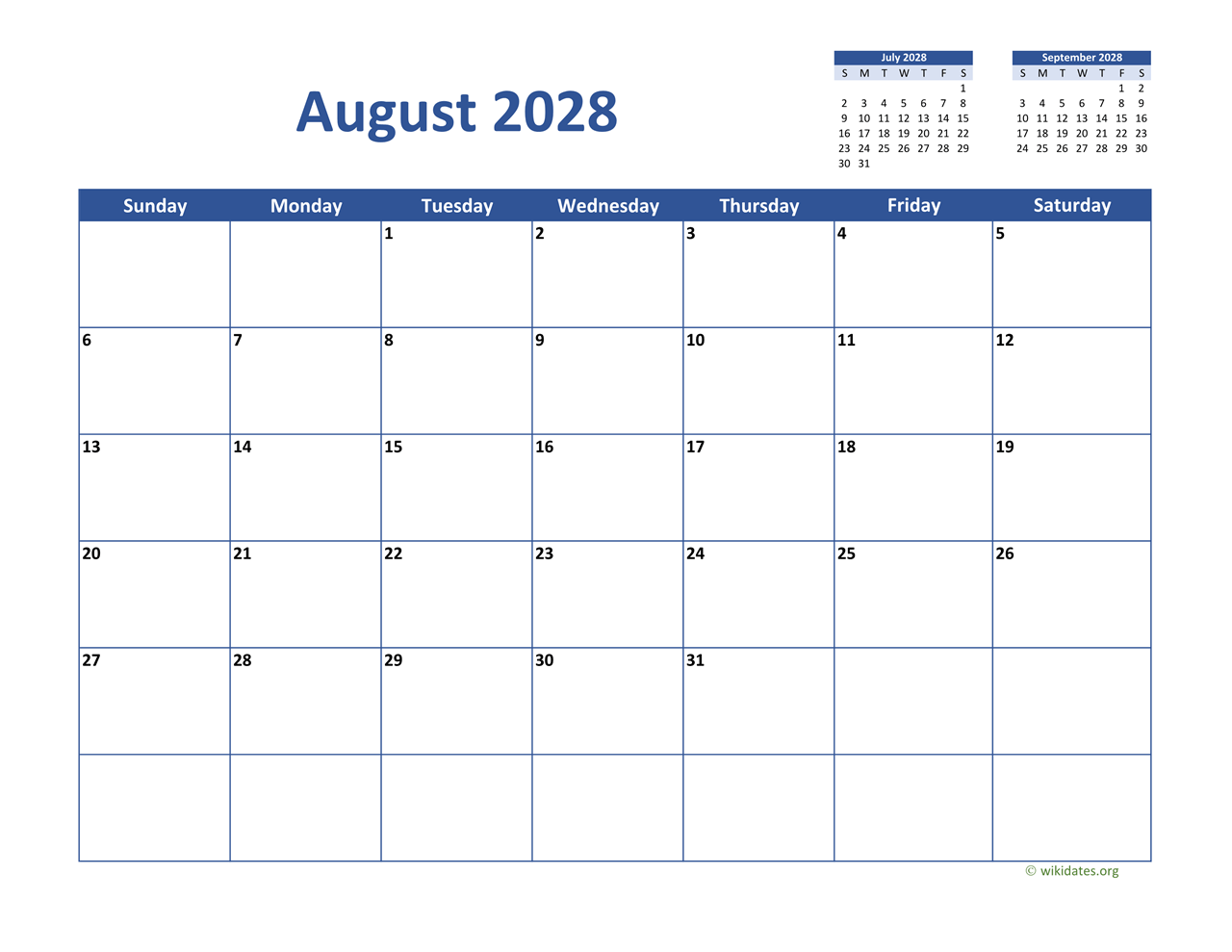 August 2028 Calendar Classic WikiDates