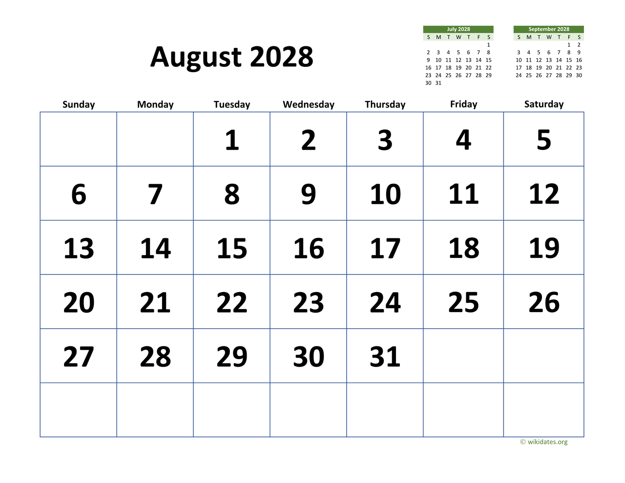 August 2028 Calendar With Extra large Dates WikiDates