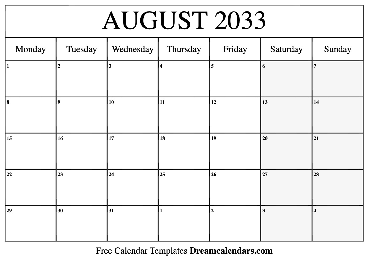 August 2033 Calendar Free Printable With Holidays And Observances